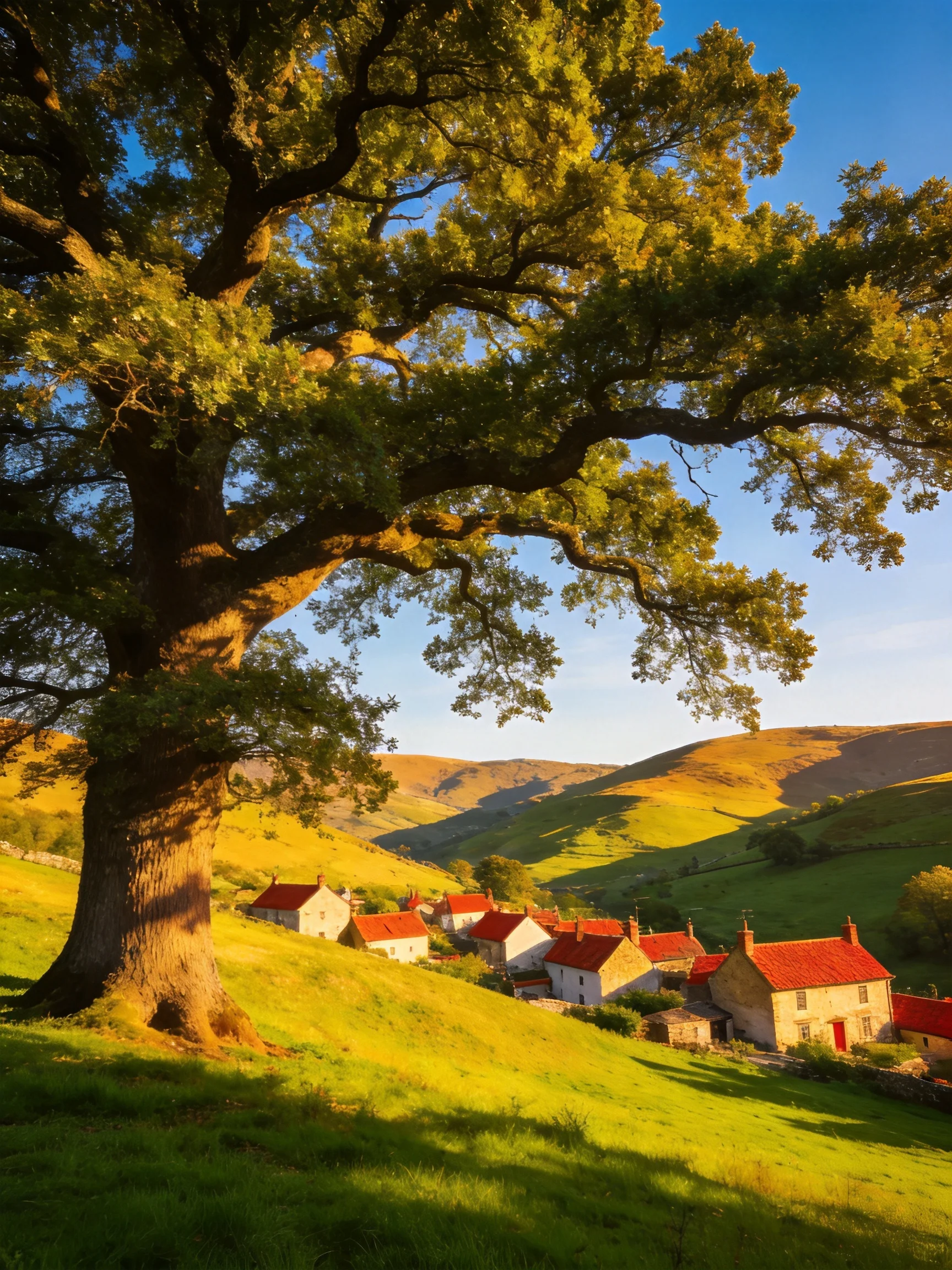 A grand oak tree overlooks a village with red-roofed cottages