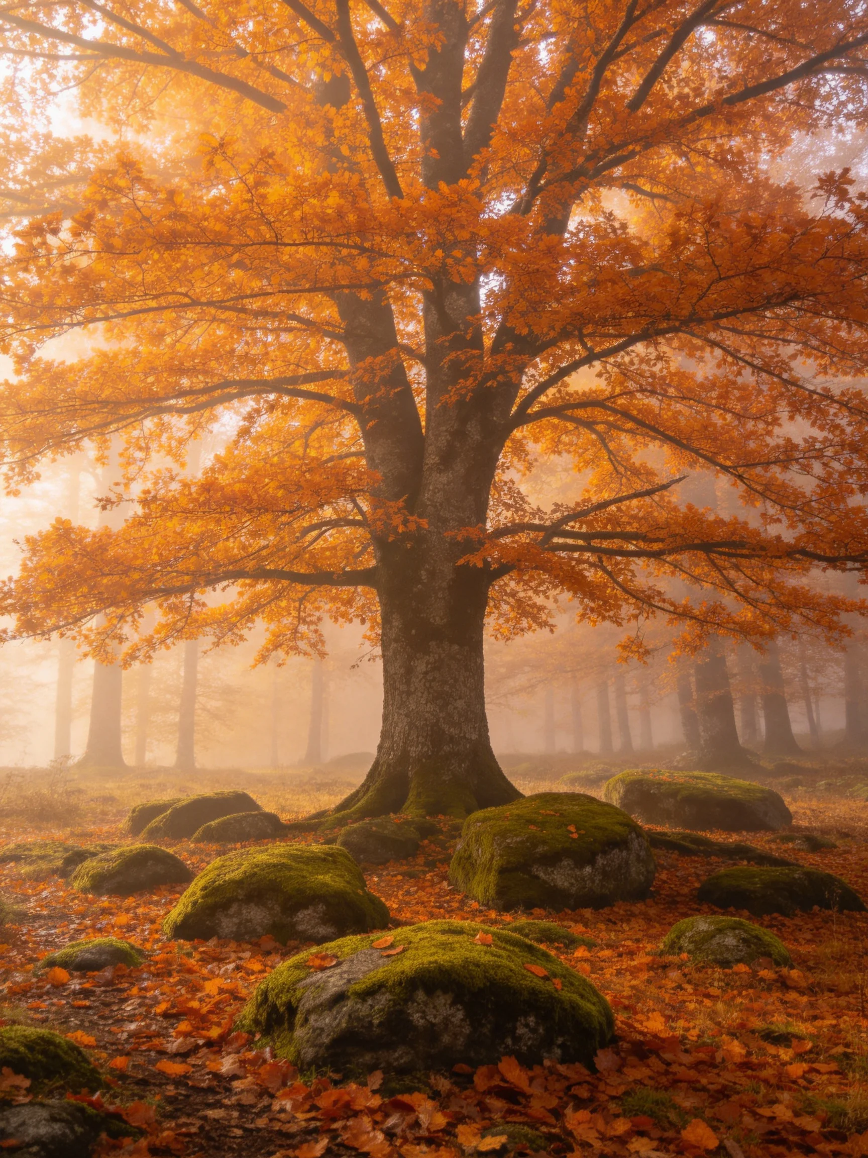 A grand oak tree with golden foliage near mossy rocks in a misty autumn forest