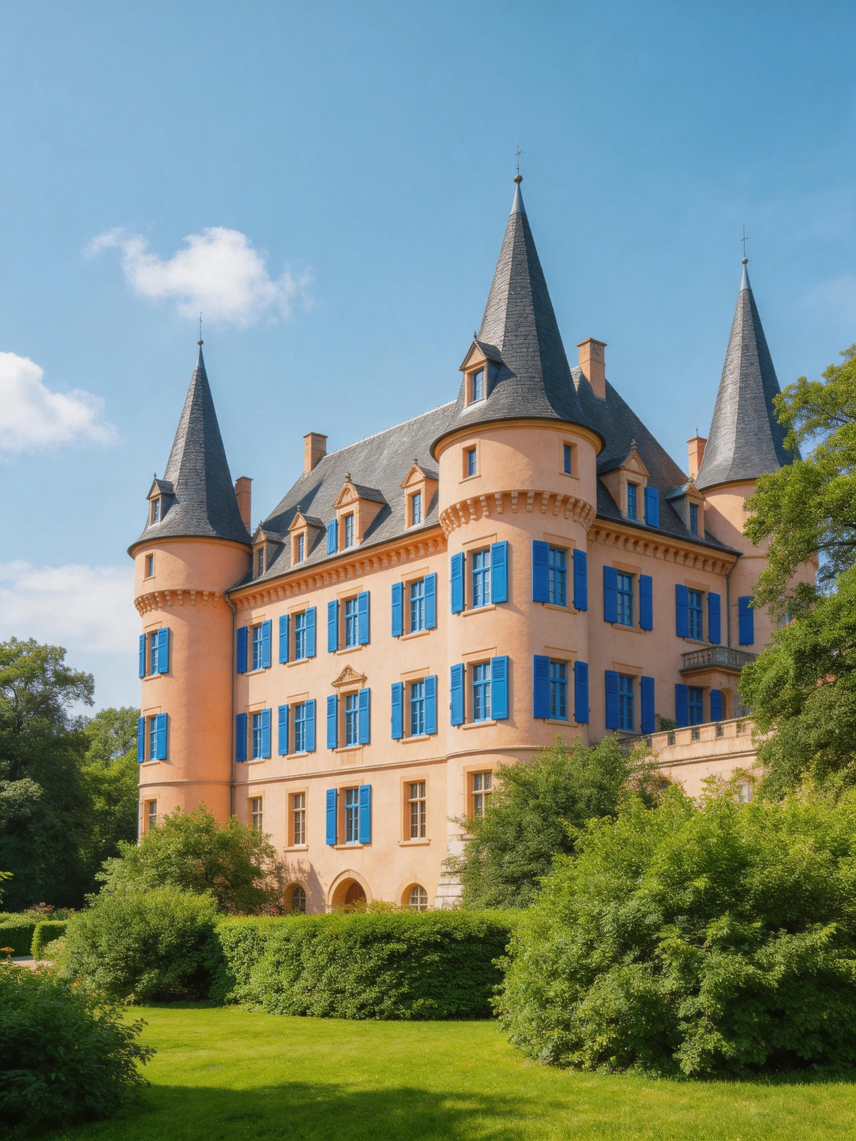 A grand peach castle with blue shutters and three spires amidst lush greenery