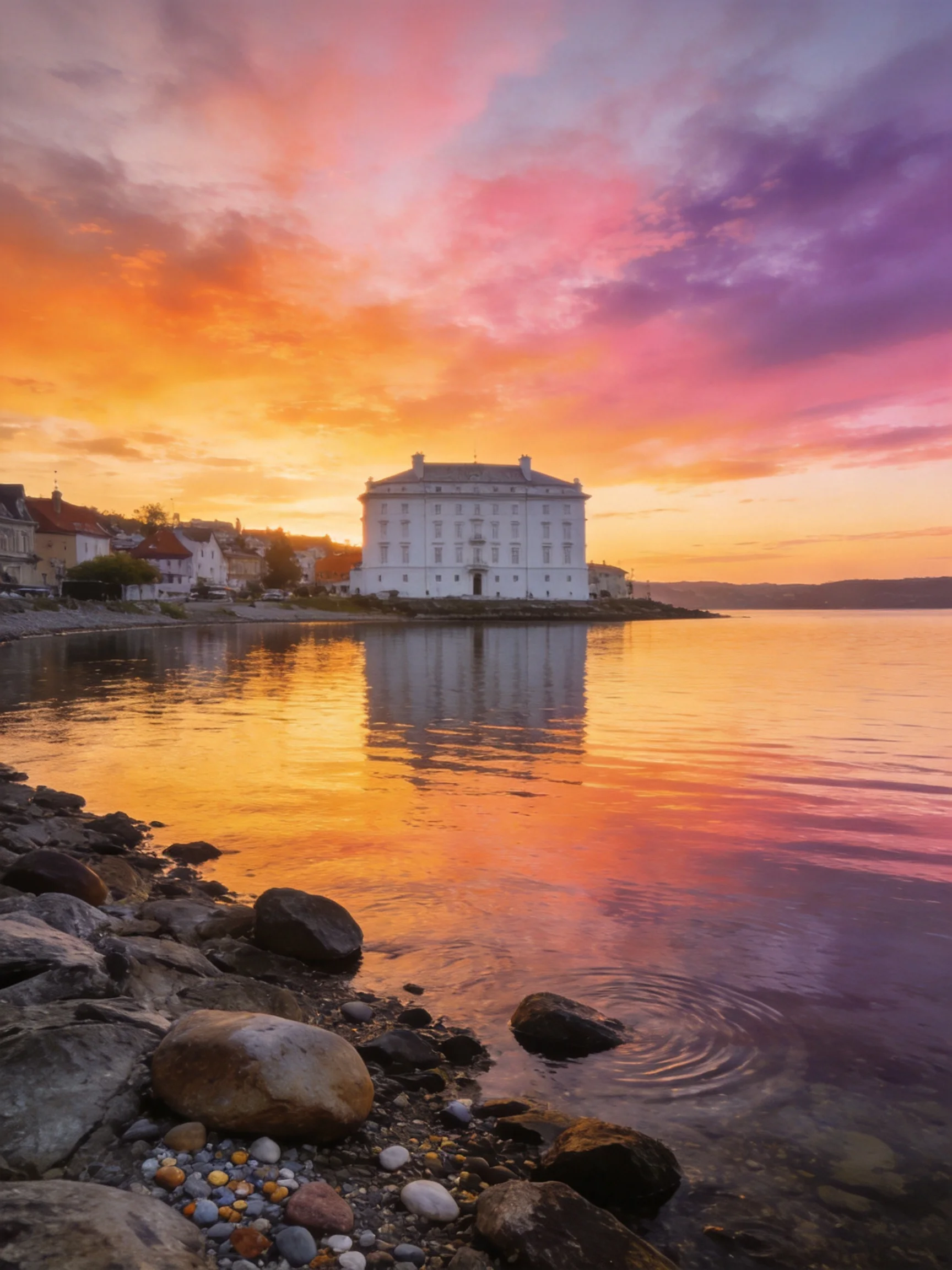 A grand white building by calm waters under vibrant sunset skies