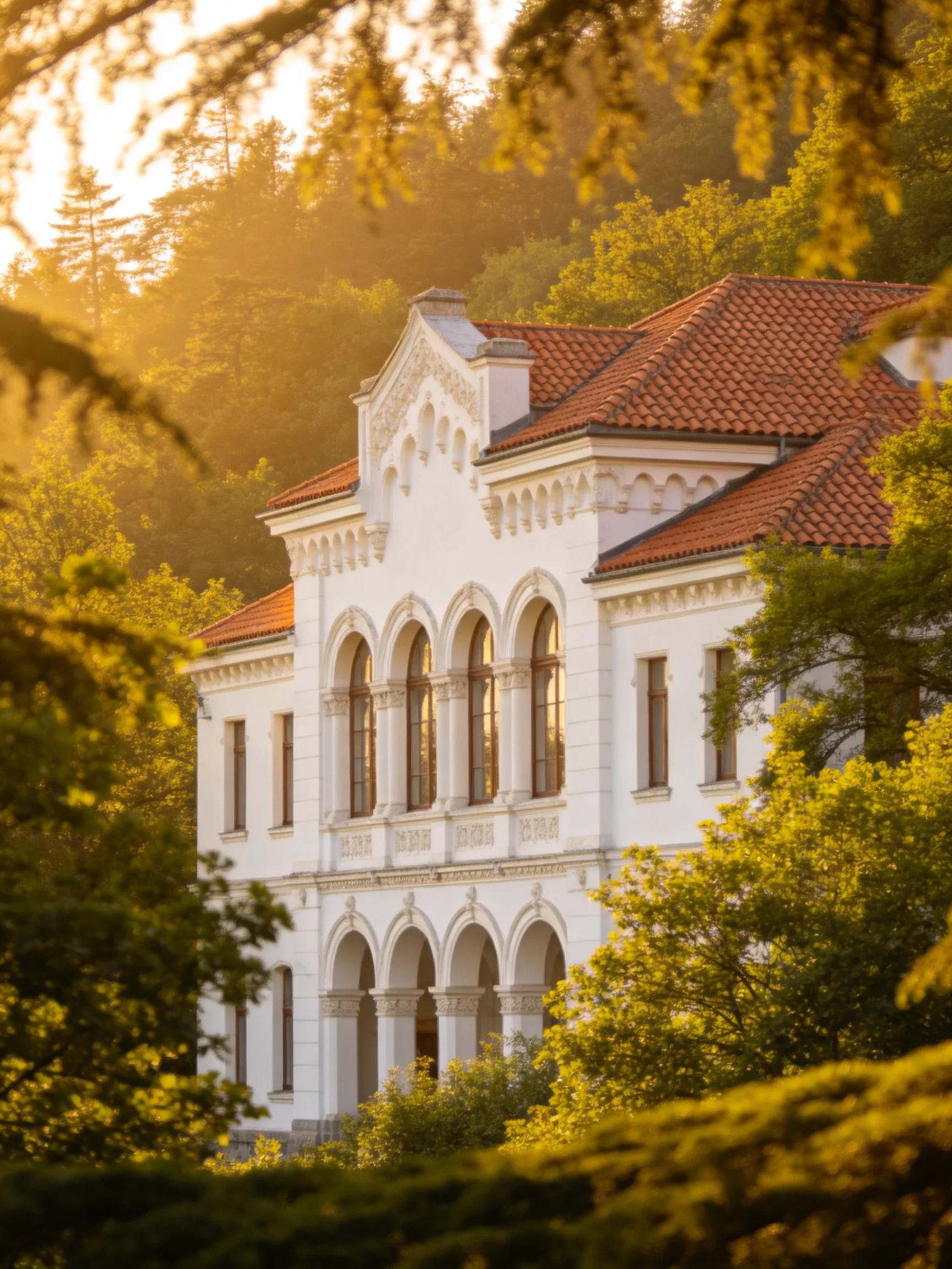 A grand white mansion with red-tiled roofs amid lush greenery
