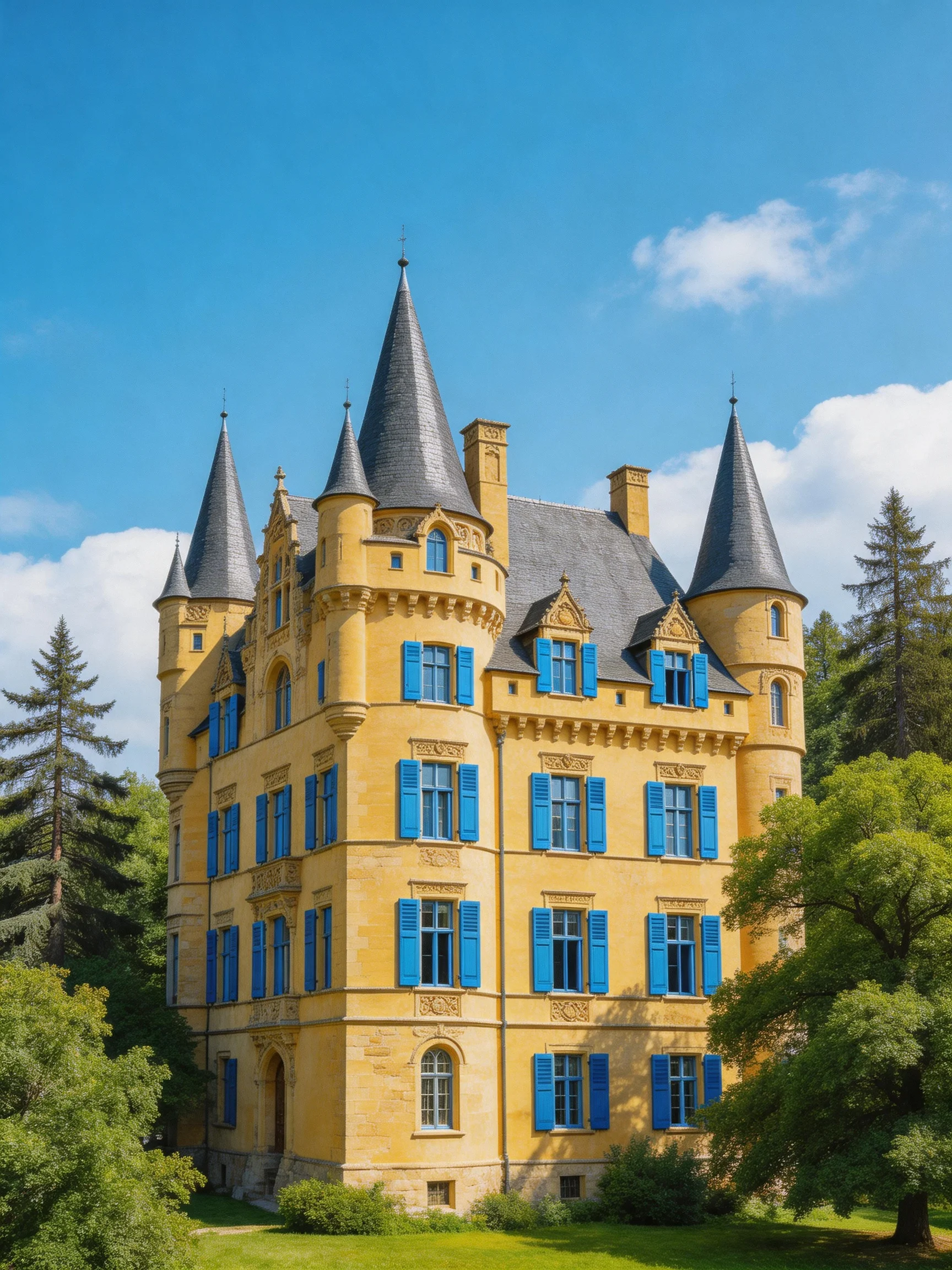 A grand yellow castle with blue shutters and conical towers