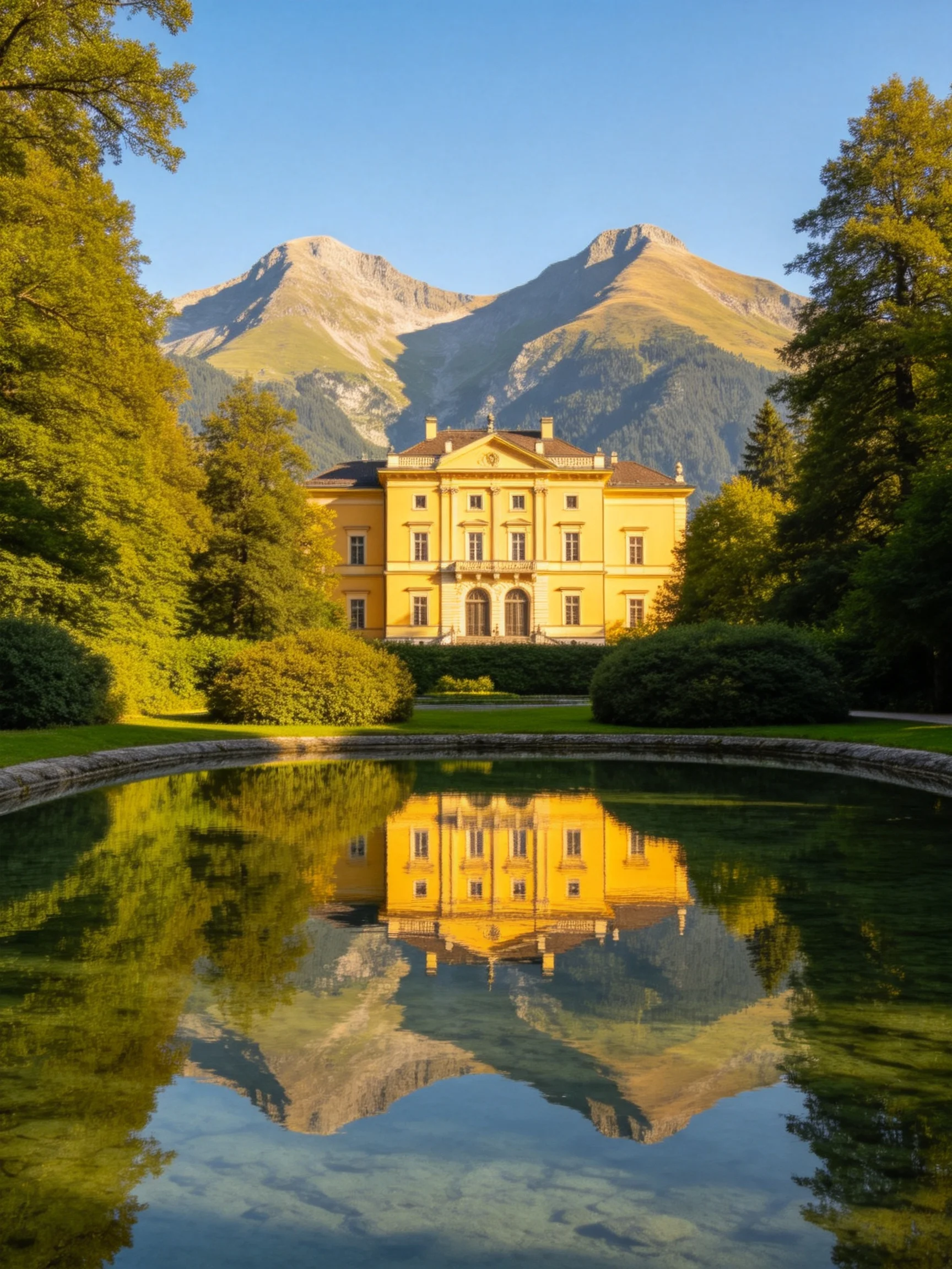 A grand yellow mansion reflected in a serene pond with mountainous backdrop