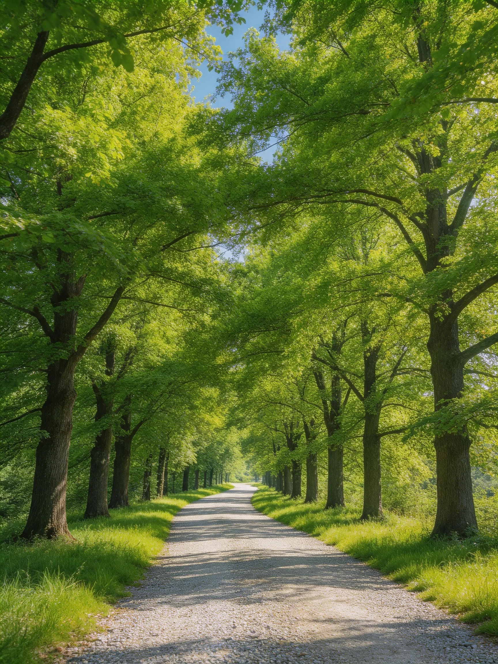 A gravel path flanked by tall emerald trees under bright sky