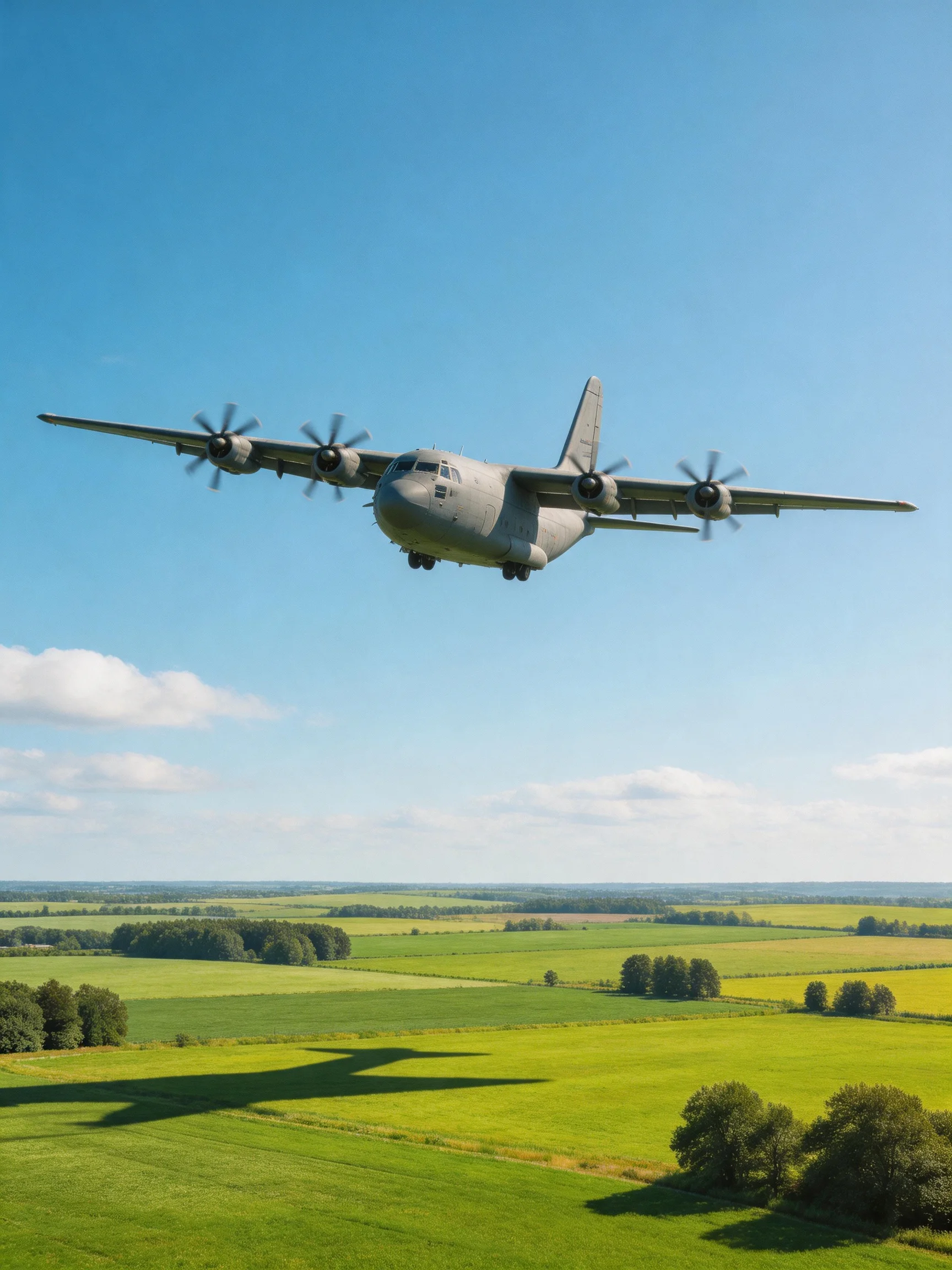 A gray four-engine propeller plane flying over lush green farmland