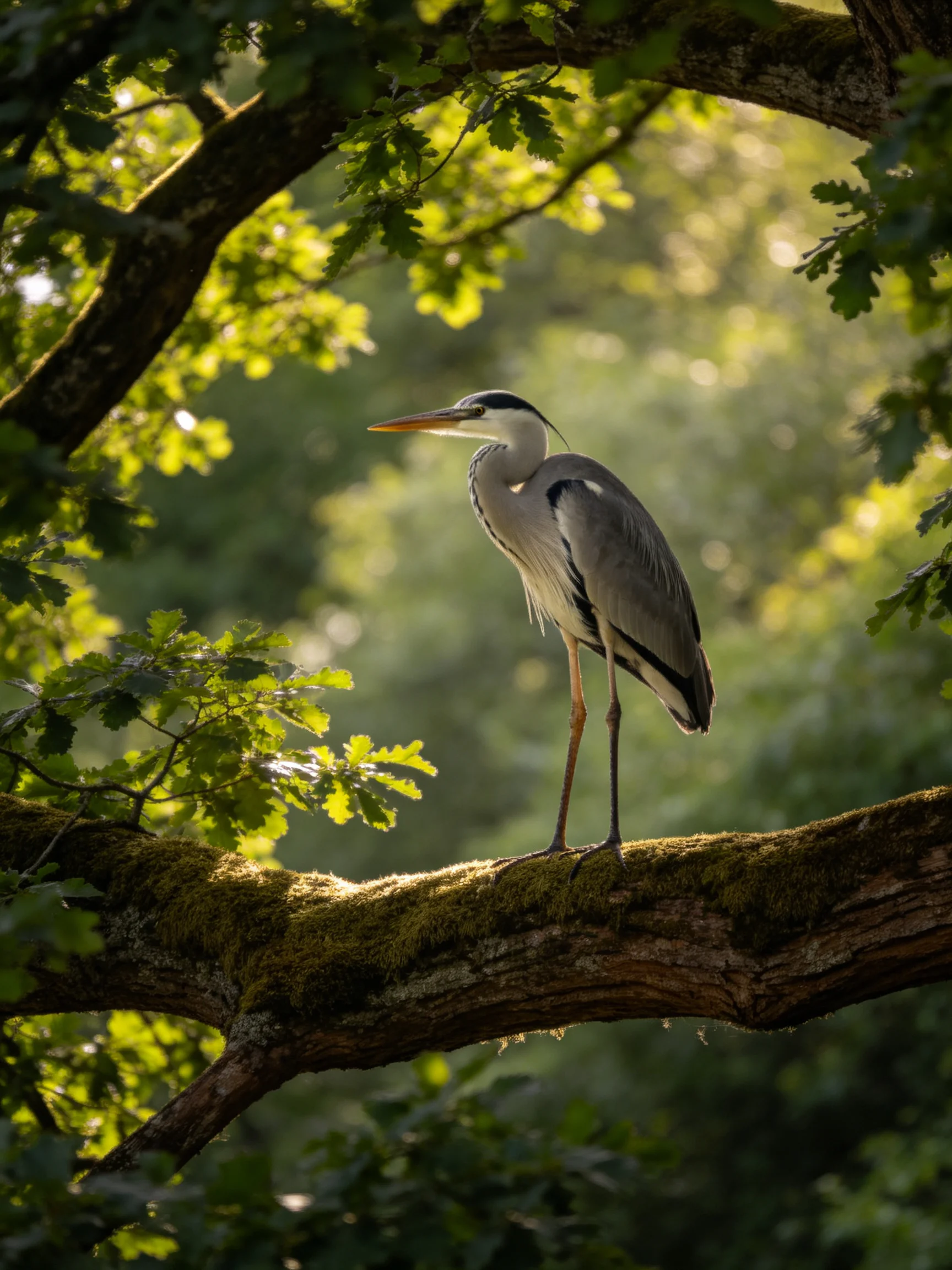 A gray heron perched on a mossy tree branch amid lush greenery