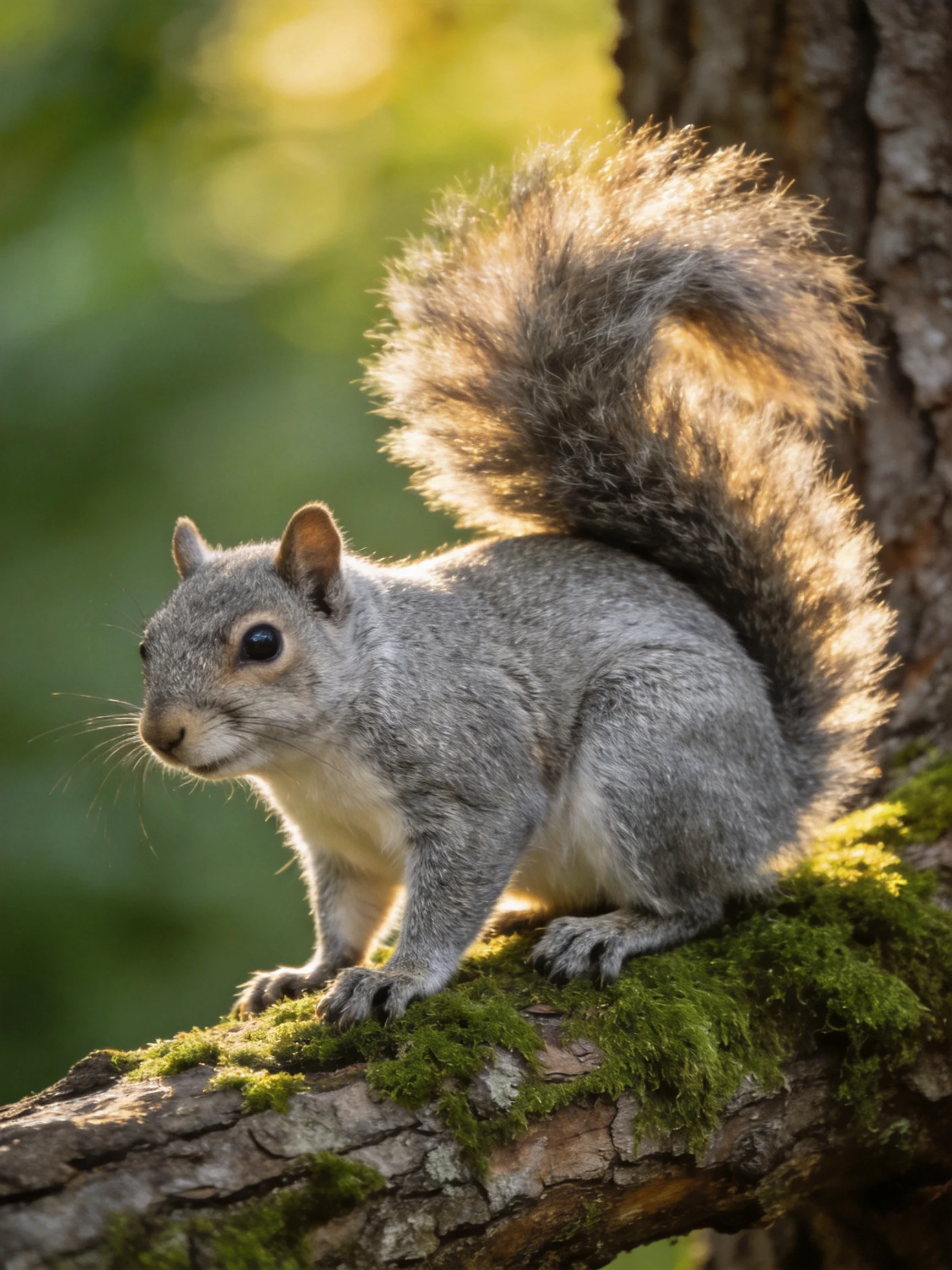 A gray squirrel sits on a mossy tree branch near a tree trunk
