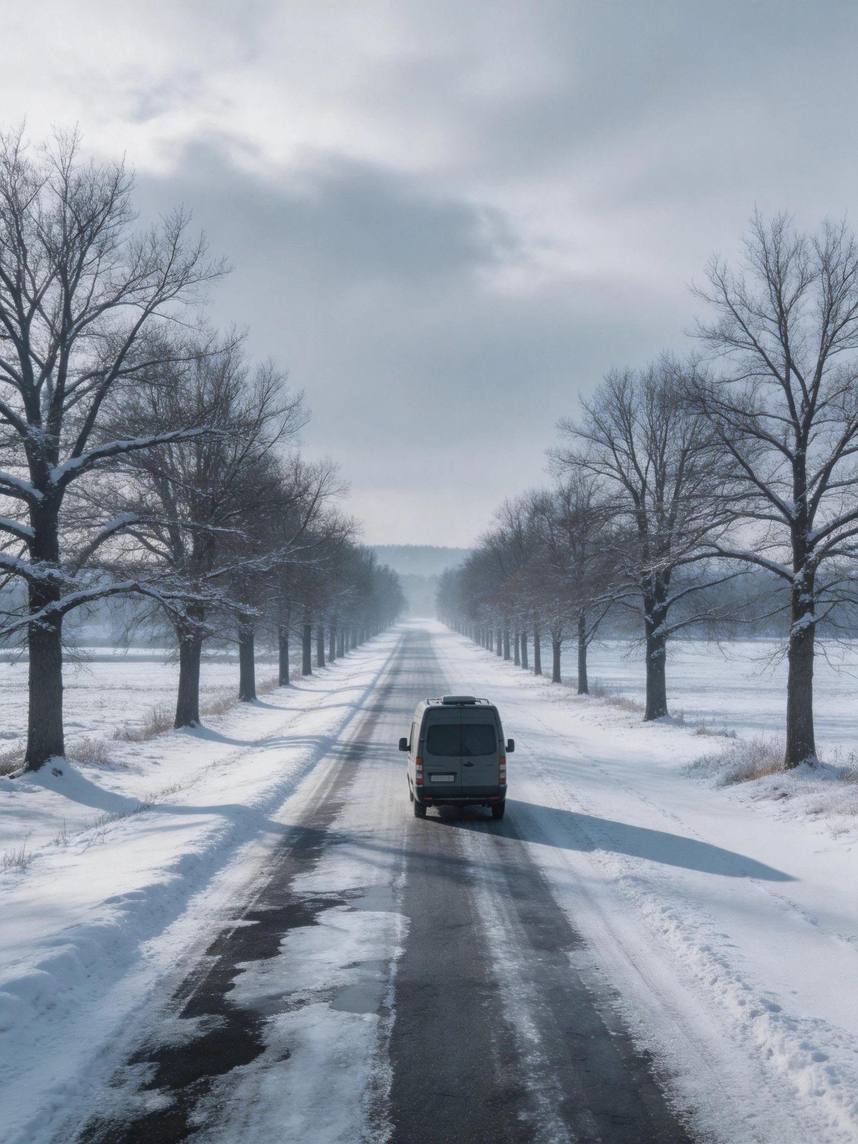 A gray van travels down a snow-covered tree-lined road