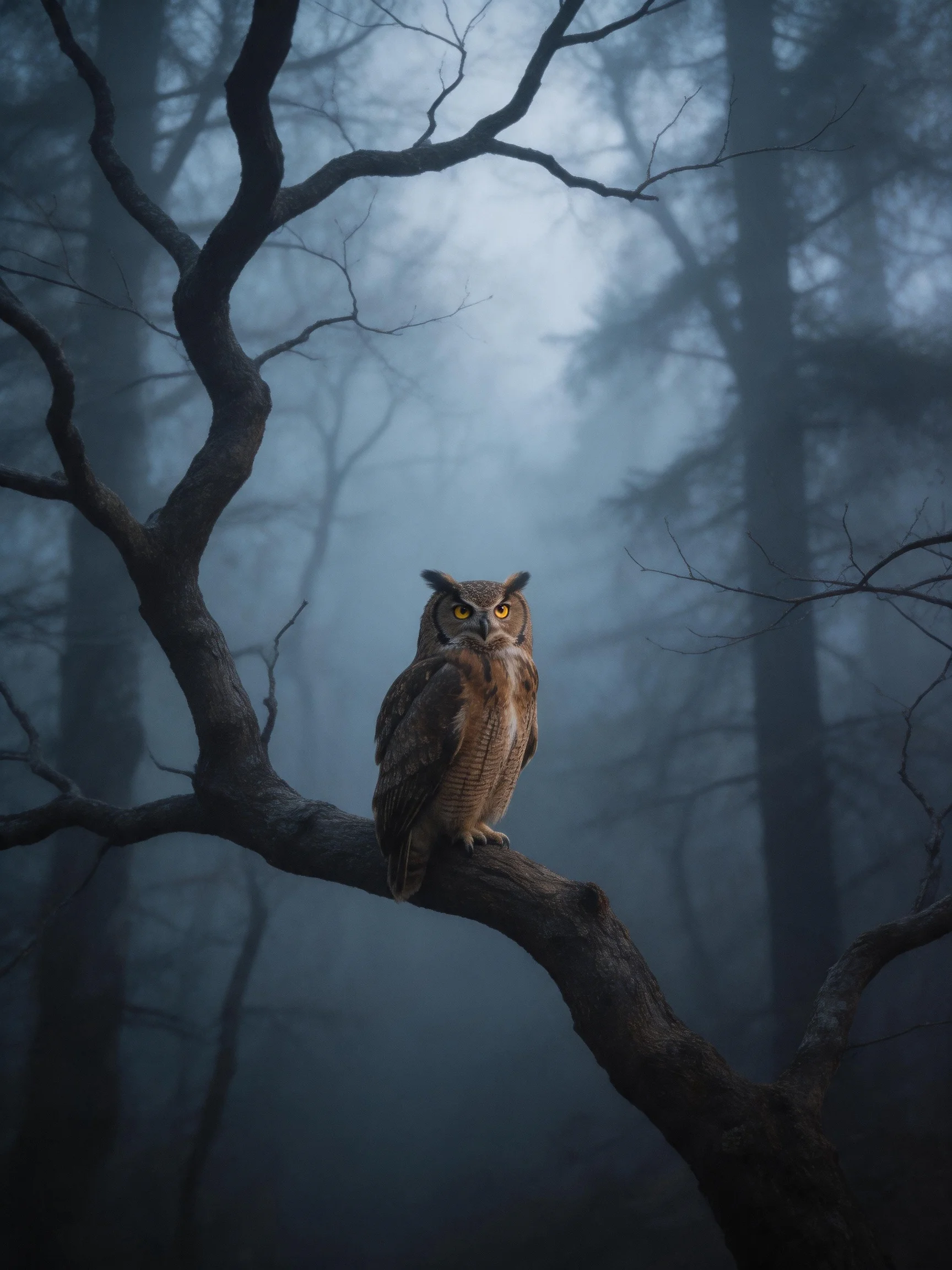 A great horned owl perches on a gnarled branch in a misty forest