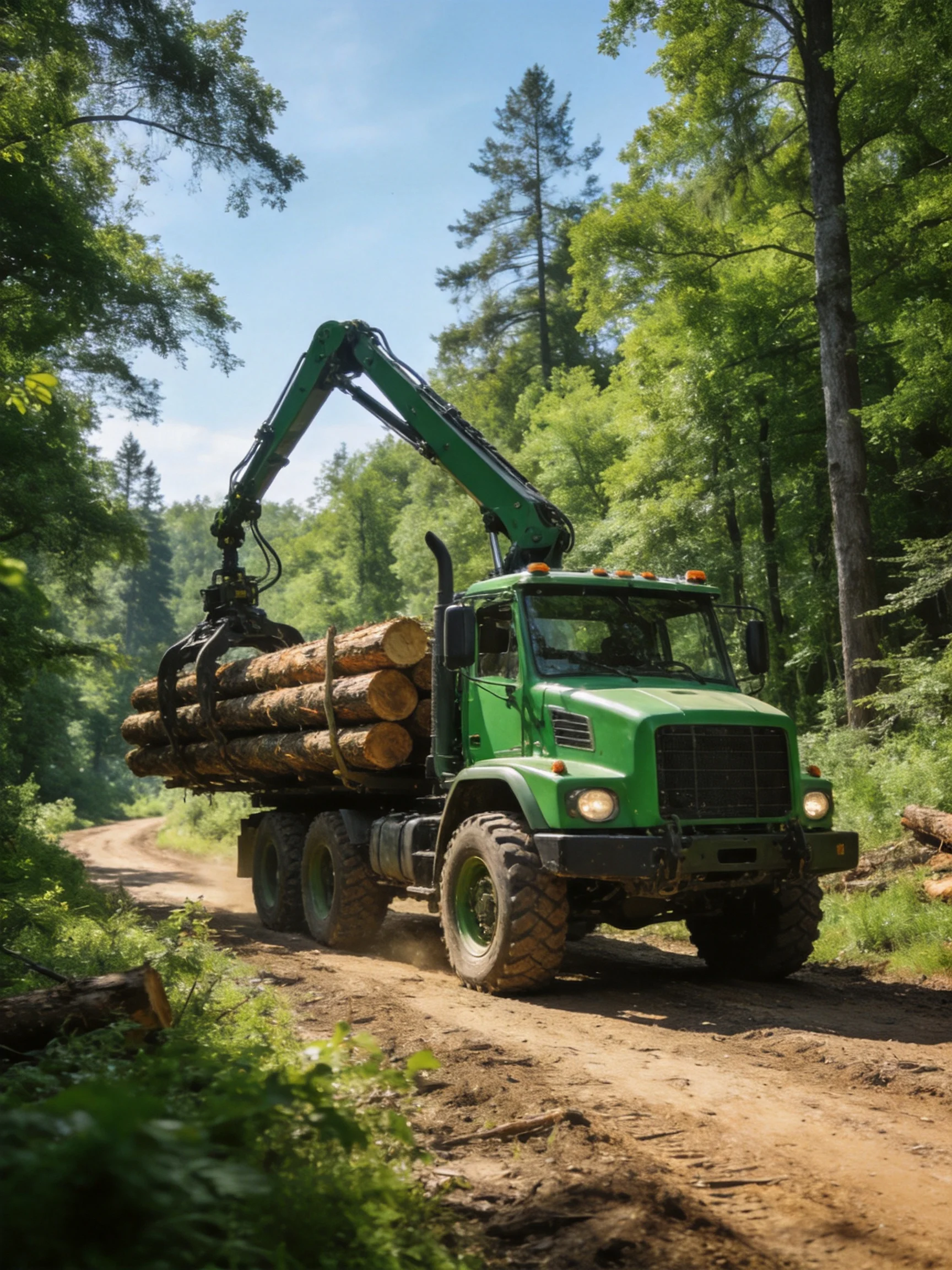 A green logging truck hauling logs down a forest dirt road