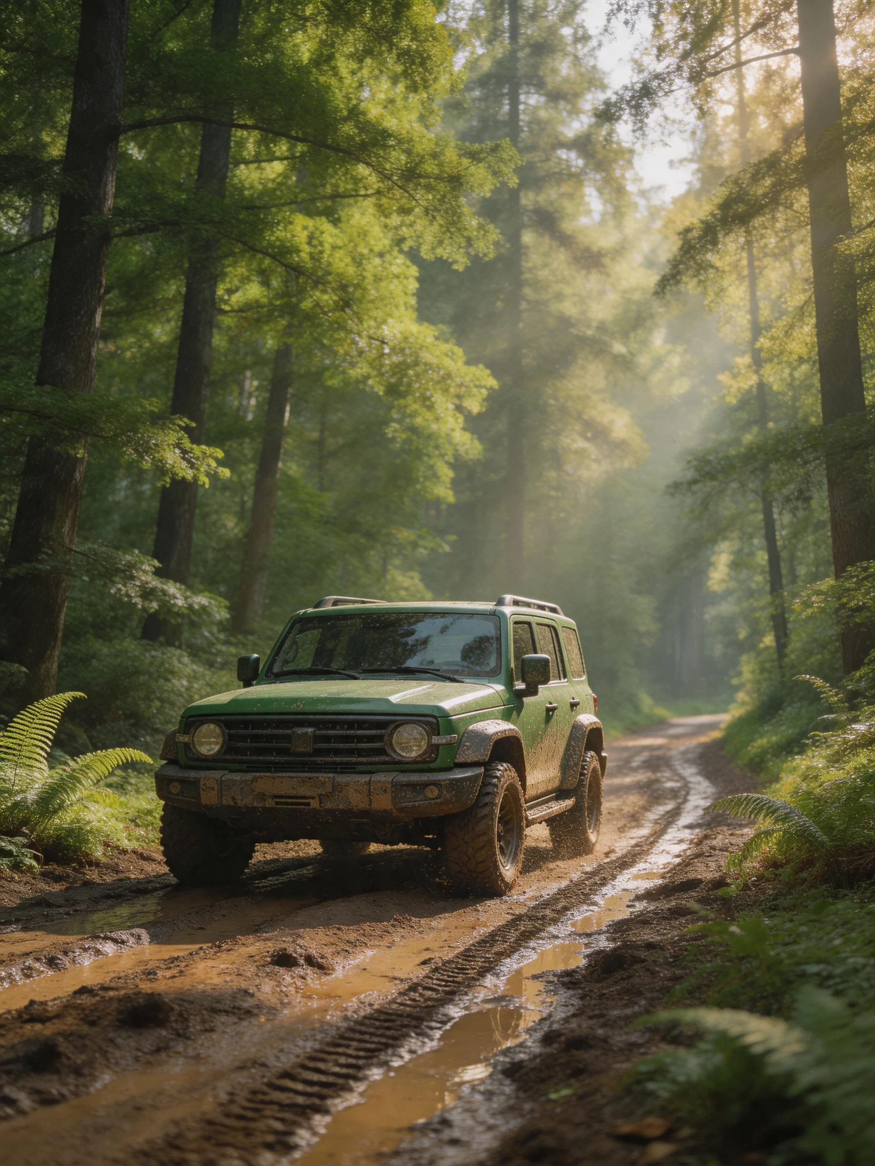A green off-road vehicle driving on a muddy forest trail