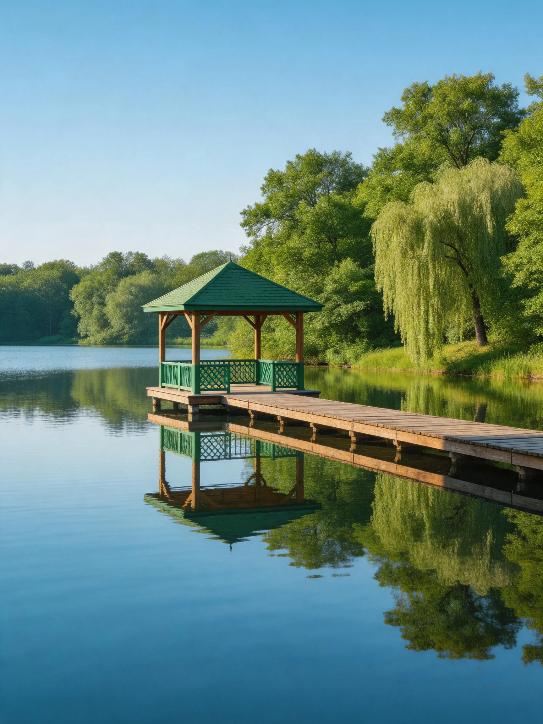 A green-roofed gazebo on a wooden dock overlooks tranquil water