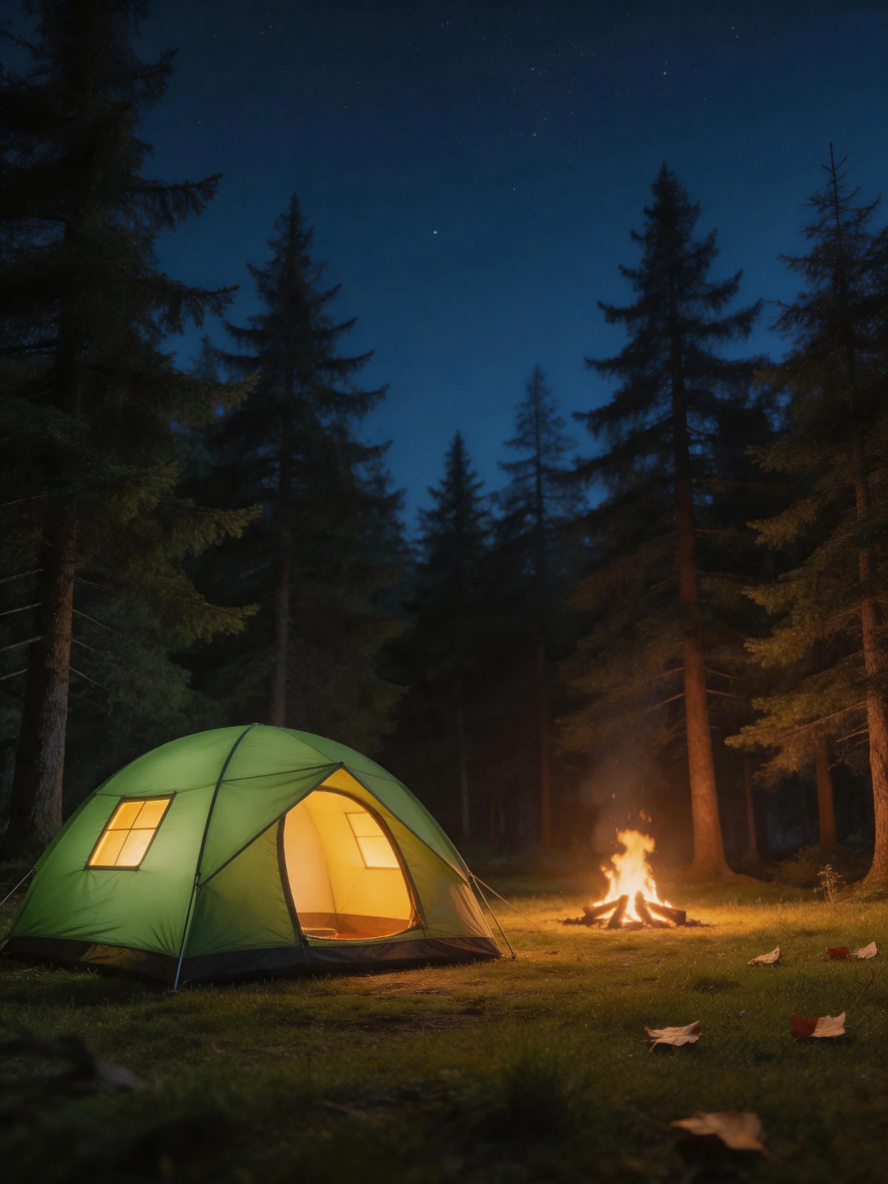 A green tent and campfire in a dark forest at night
