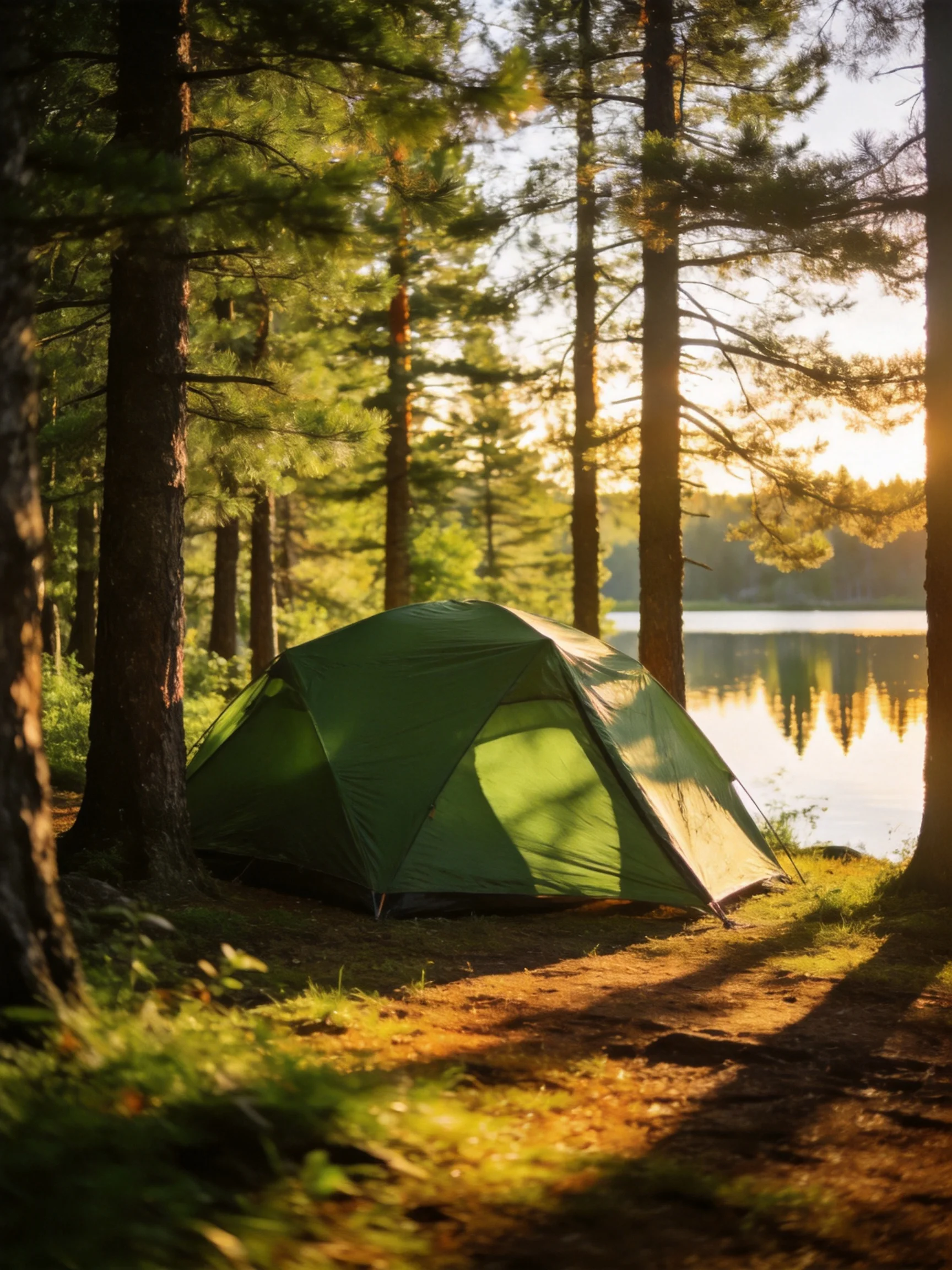 A green tent nestled among tall pines by a serene lake at sunset
