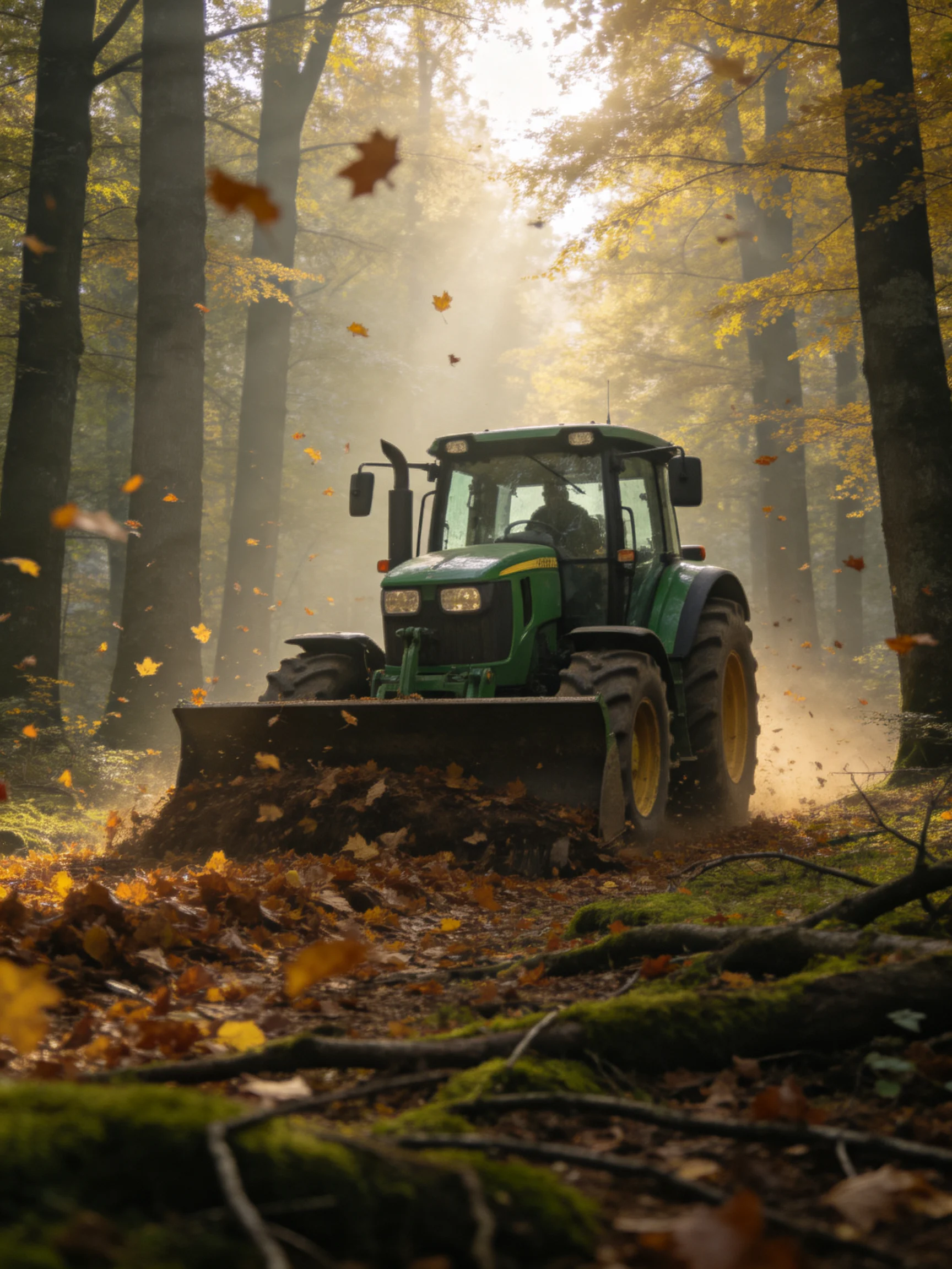 A green tractor clearing golden autumn leaves in a sunlit forest