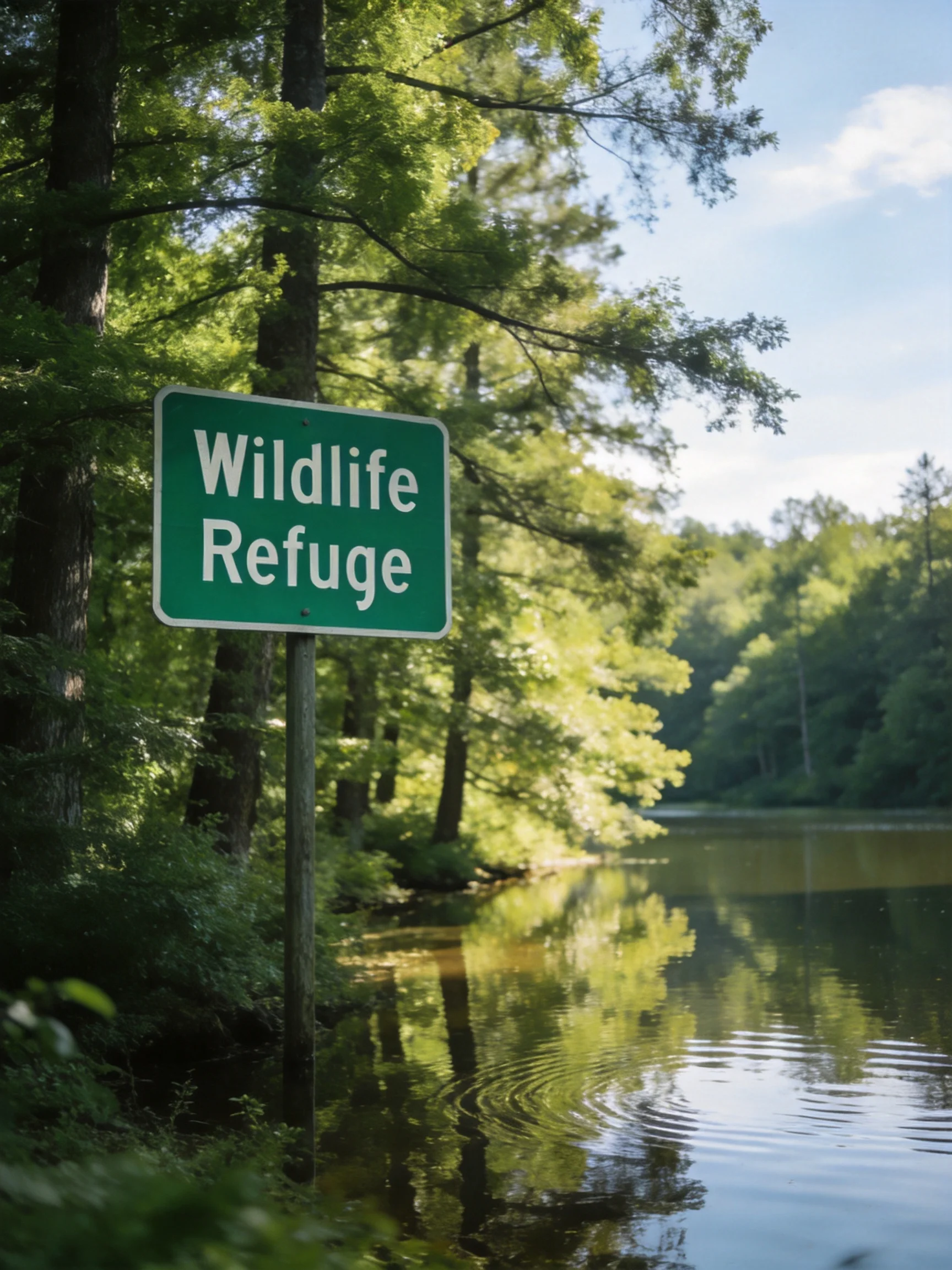 A green wildlife refuge sign near a calm lake surrounded by tall trees