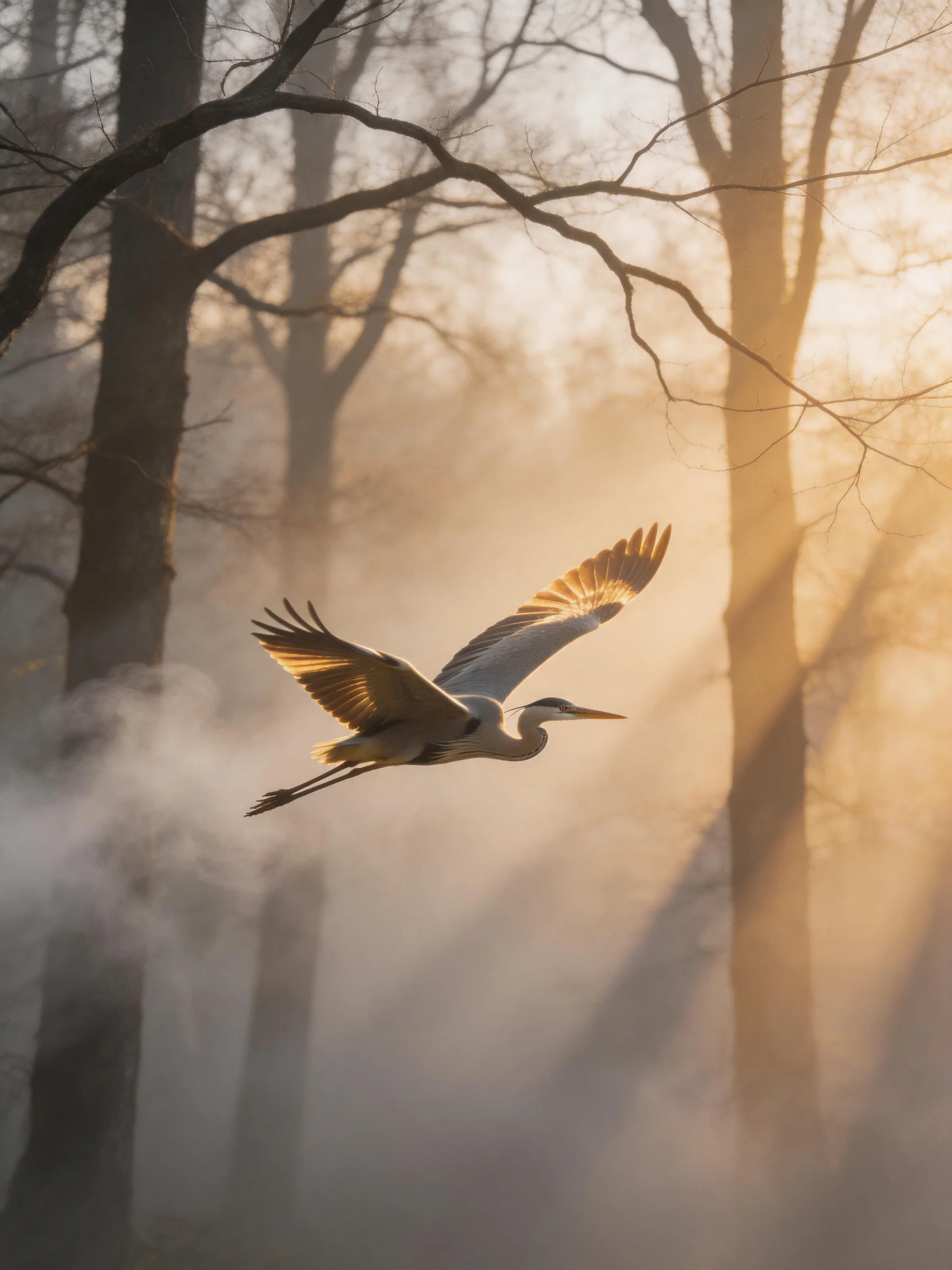 A grey heron soars through misty forest bathed in golden light