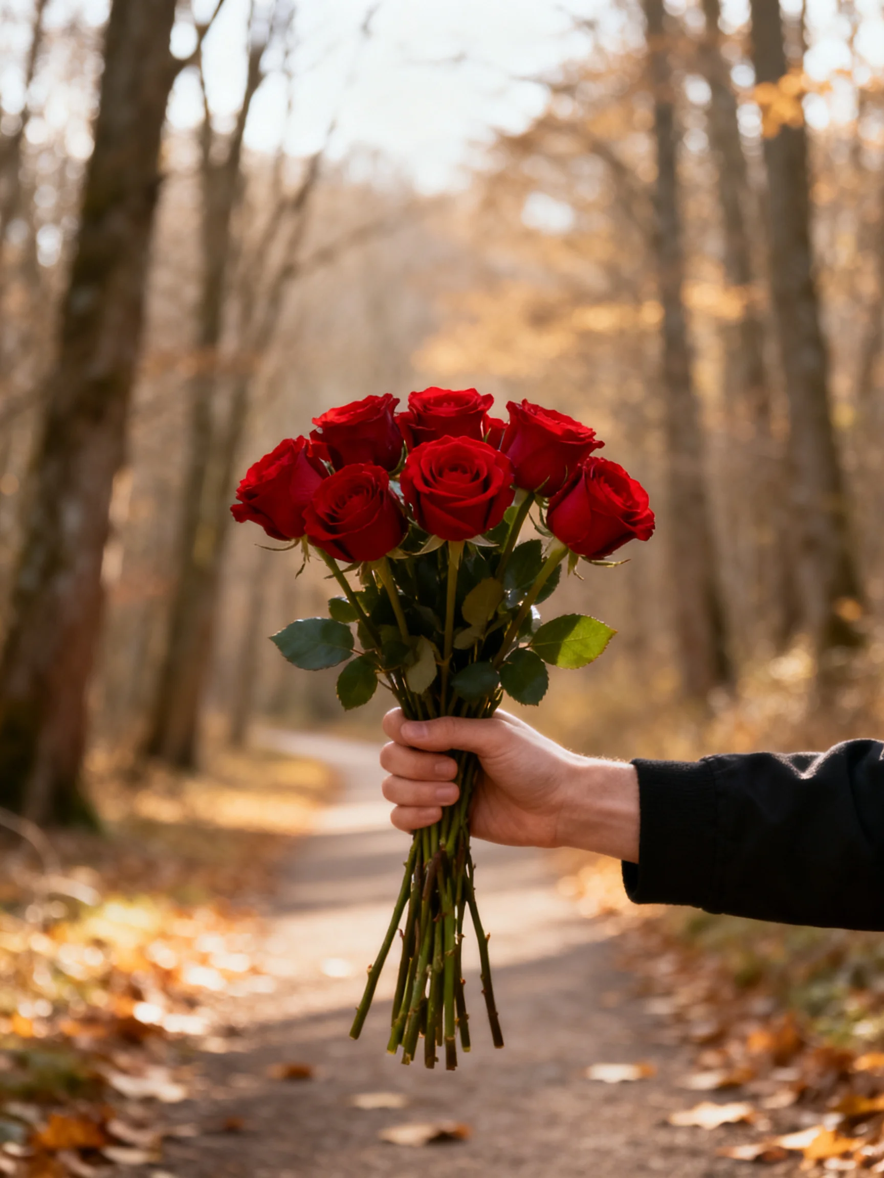 A hand holds a bouquet of bright red roses along a sunlit forest path