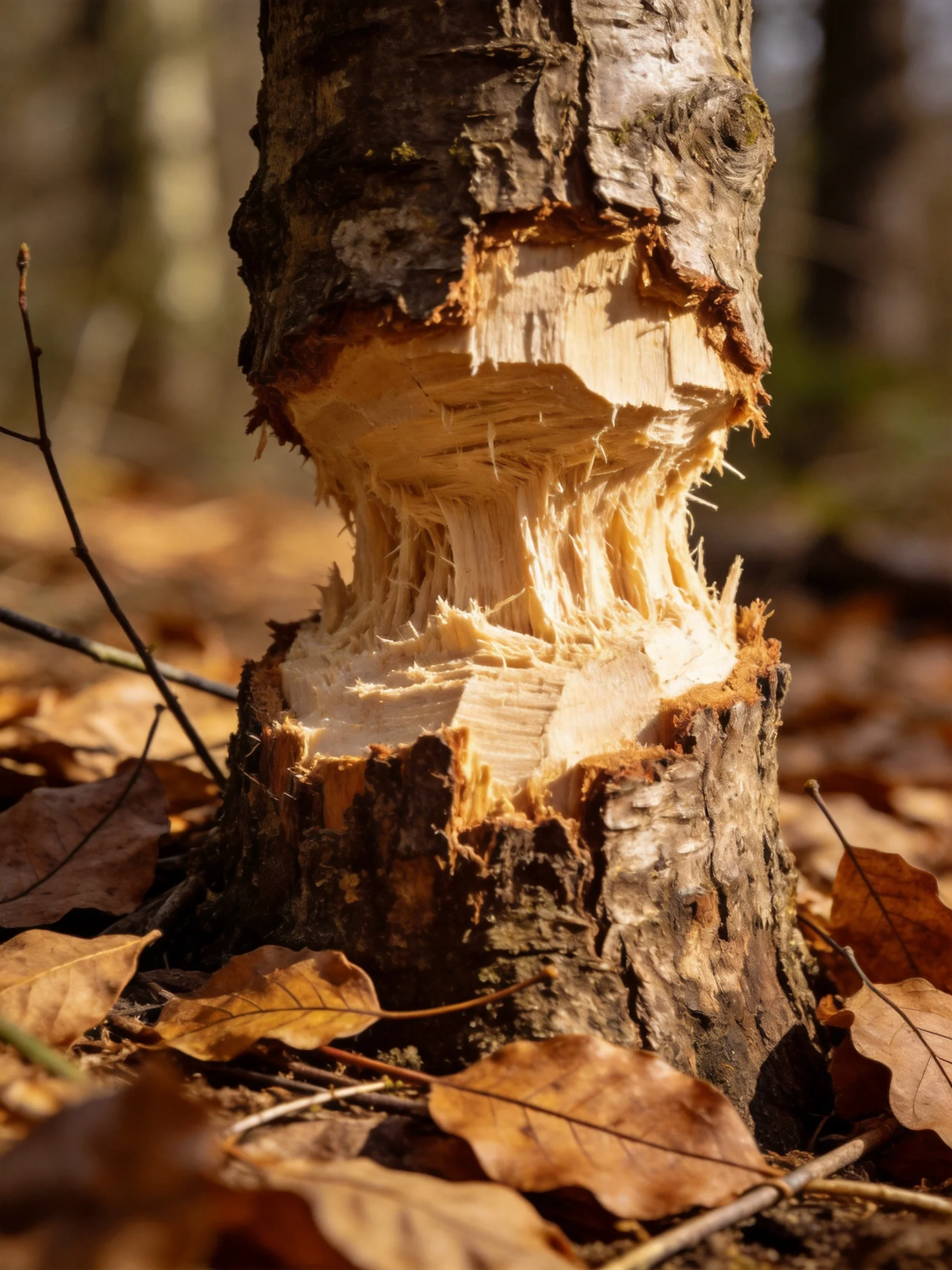 A heavily damaged tree trunk with exposed wood and autumn leaves