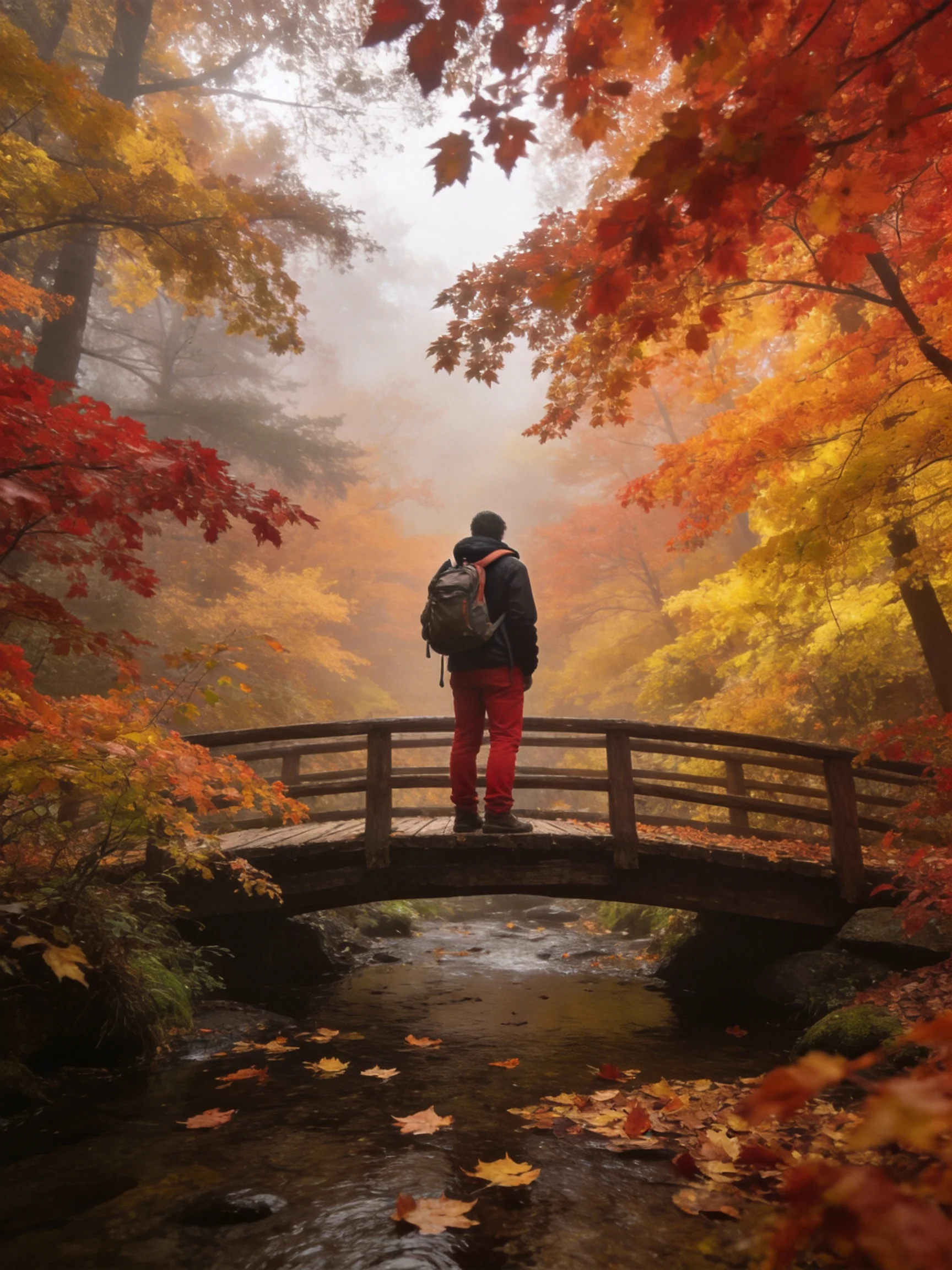A hiker stands on a wooden bridge amid vibrant fall foliage and mist