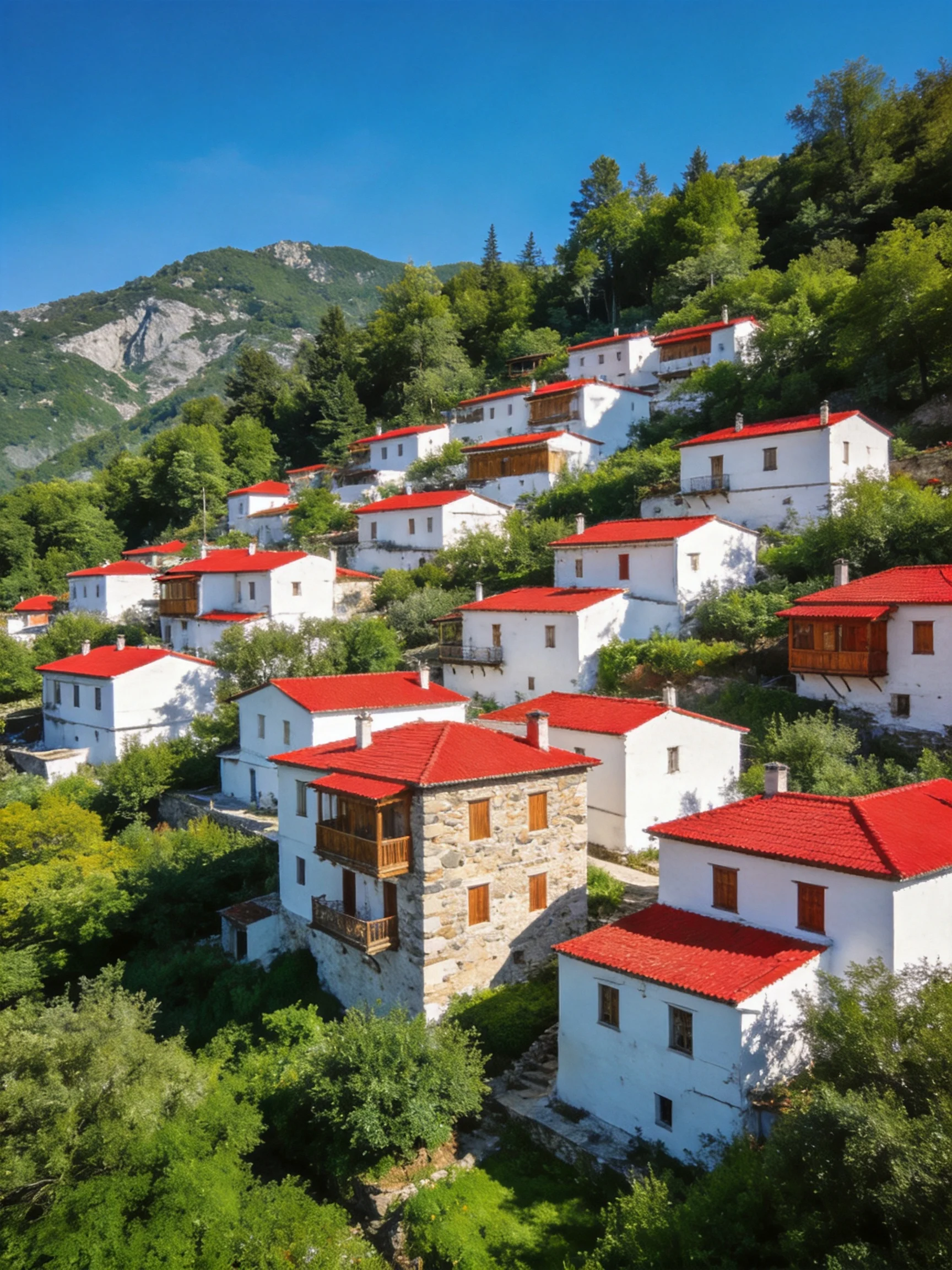 A hillside village with white houses and red roofs