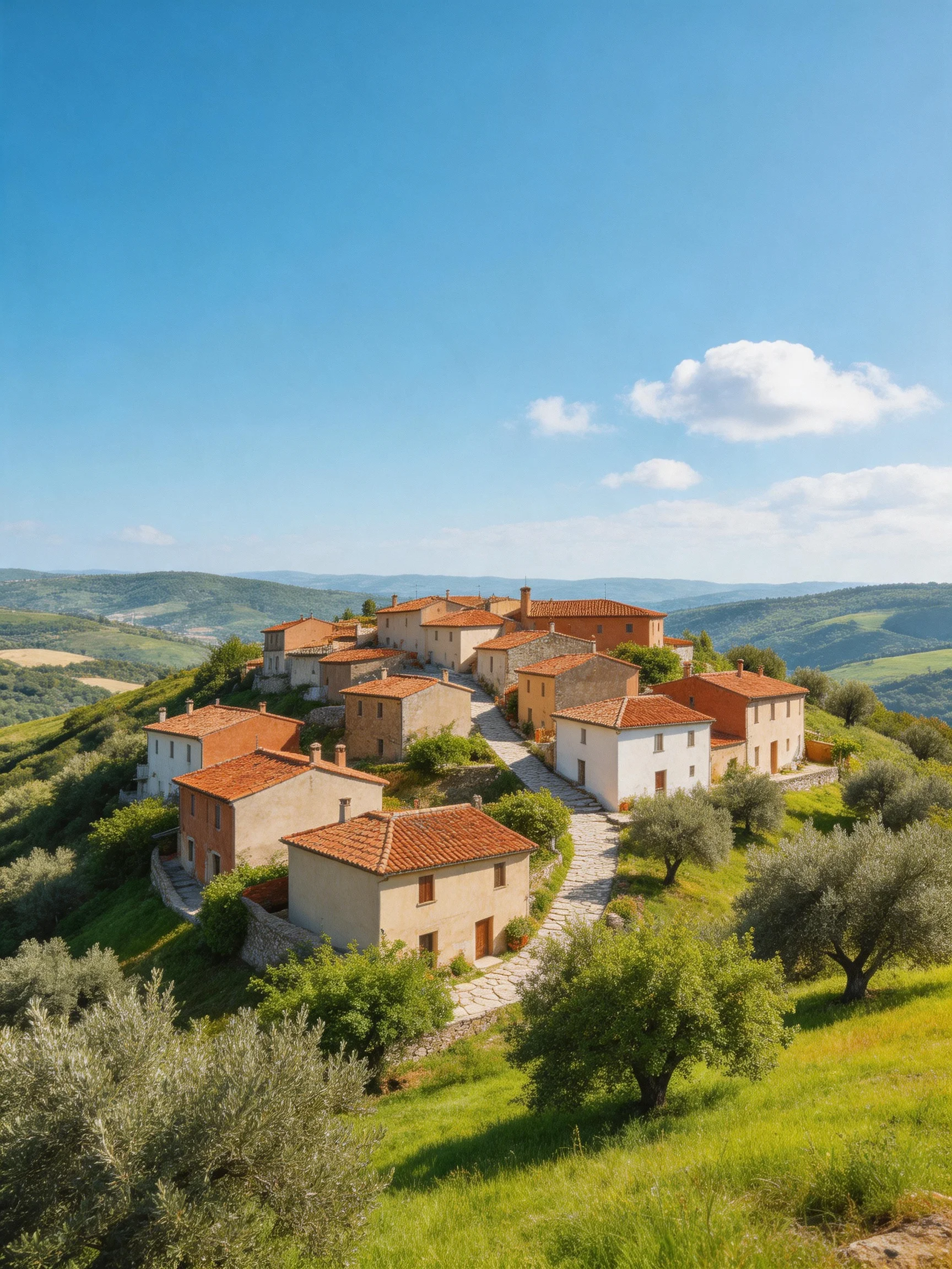 A hilltop village with terracotta-ro roofed homes surrounded by rolling green hills