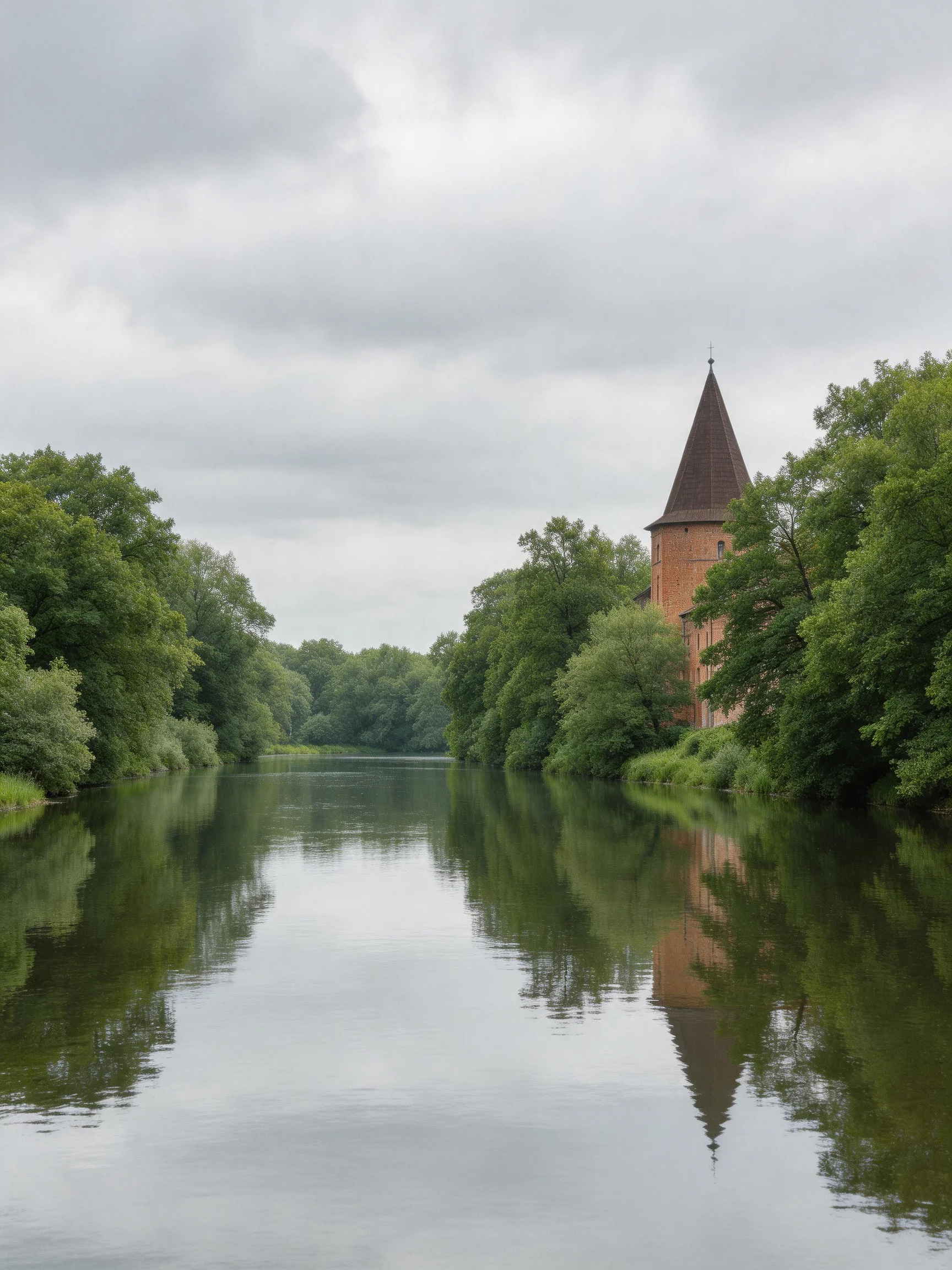 A historic brick tower reflects in a tranquil, tree-lined waterway