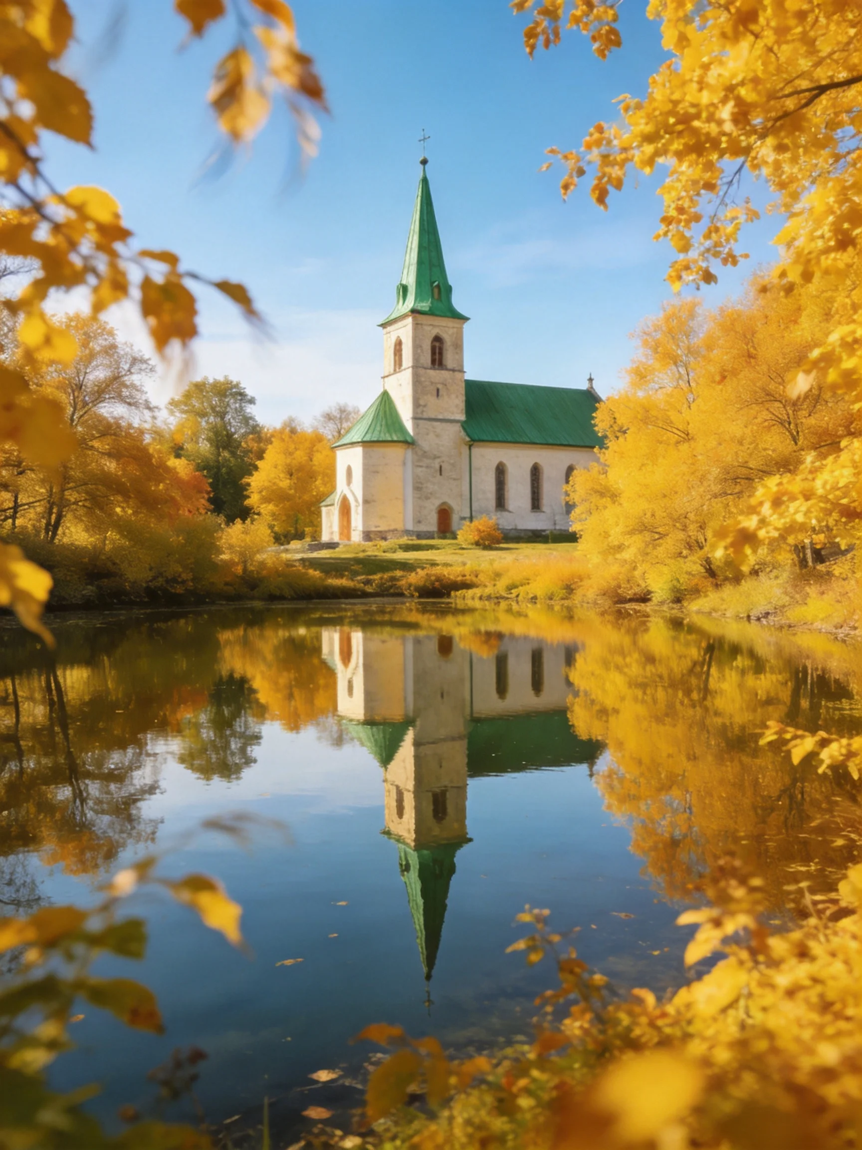 A historic church with green spire reflects in golden autumn waters