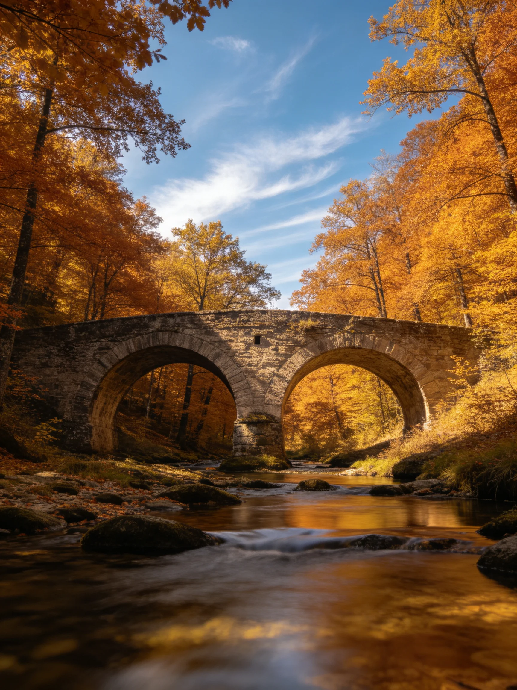 A historic stone arch bridge spans a golden autumn stream.