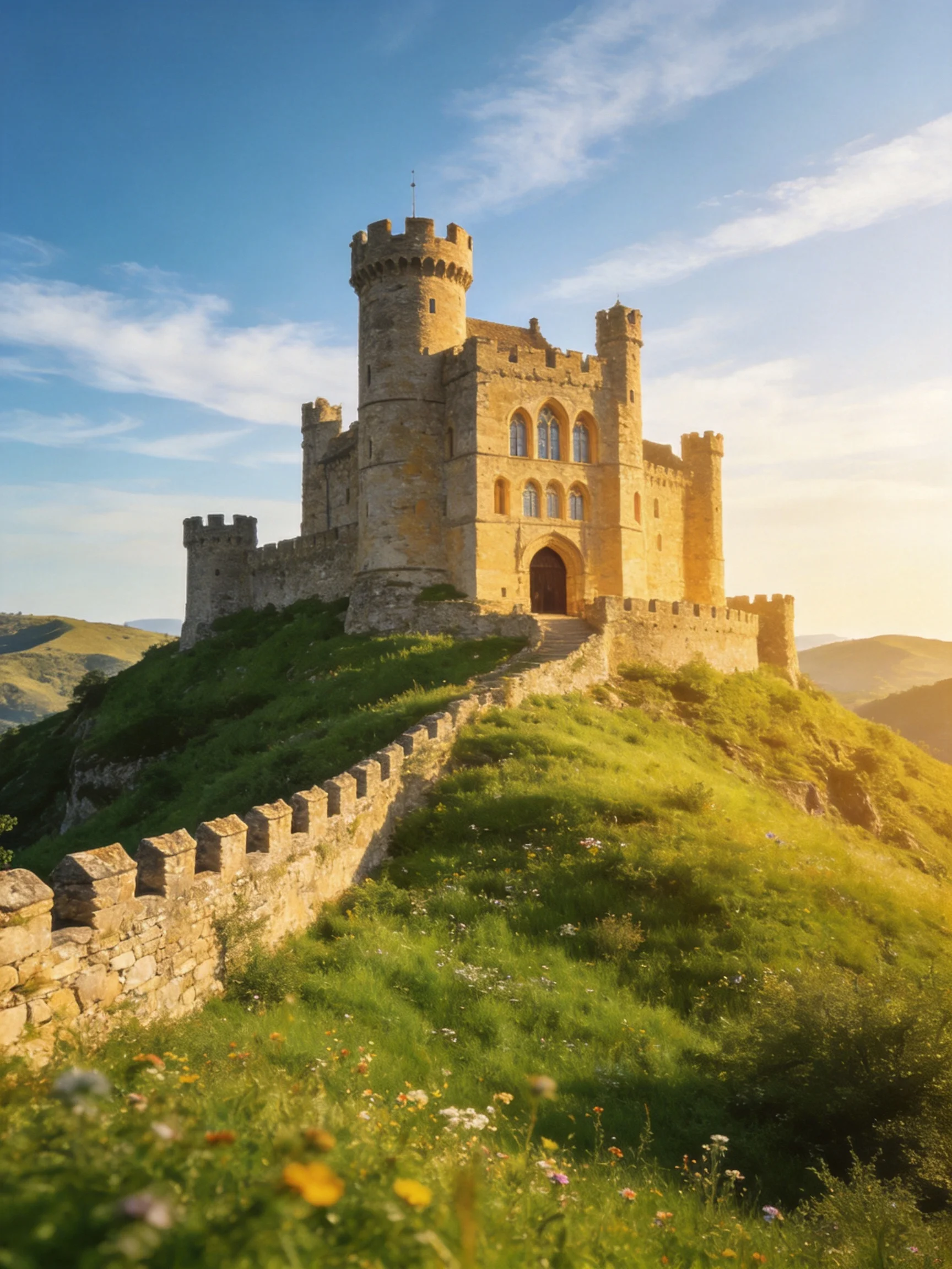 A historic stone castle atop a lush green hill under bright sunlight