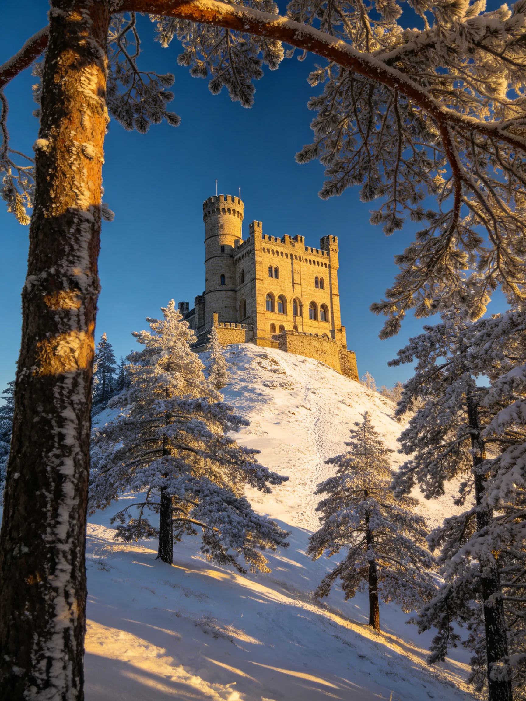 A historic stone castle atop a snow - covered hill with frosty pine trees