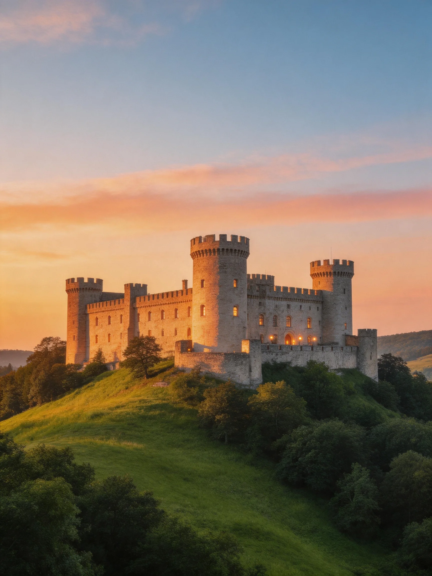 A historic stone castle atop a verdant hill under sunset skies