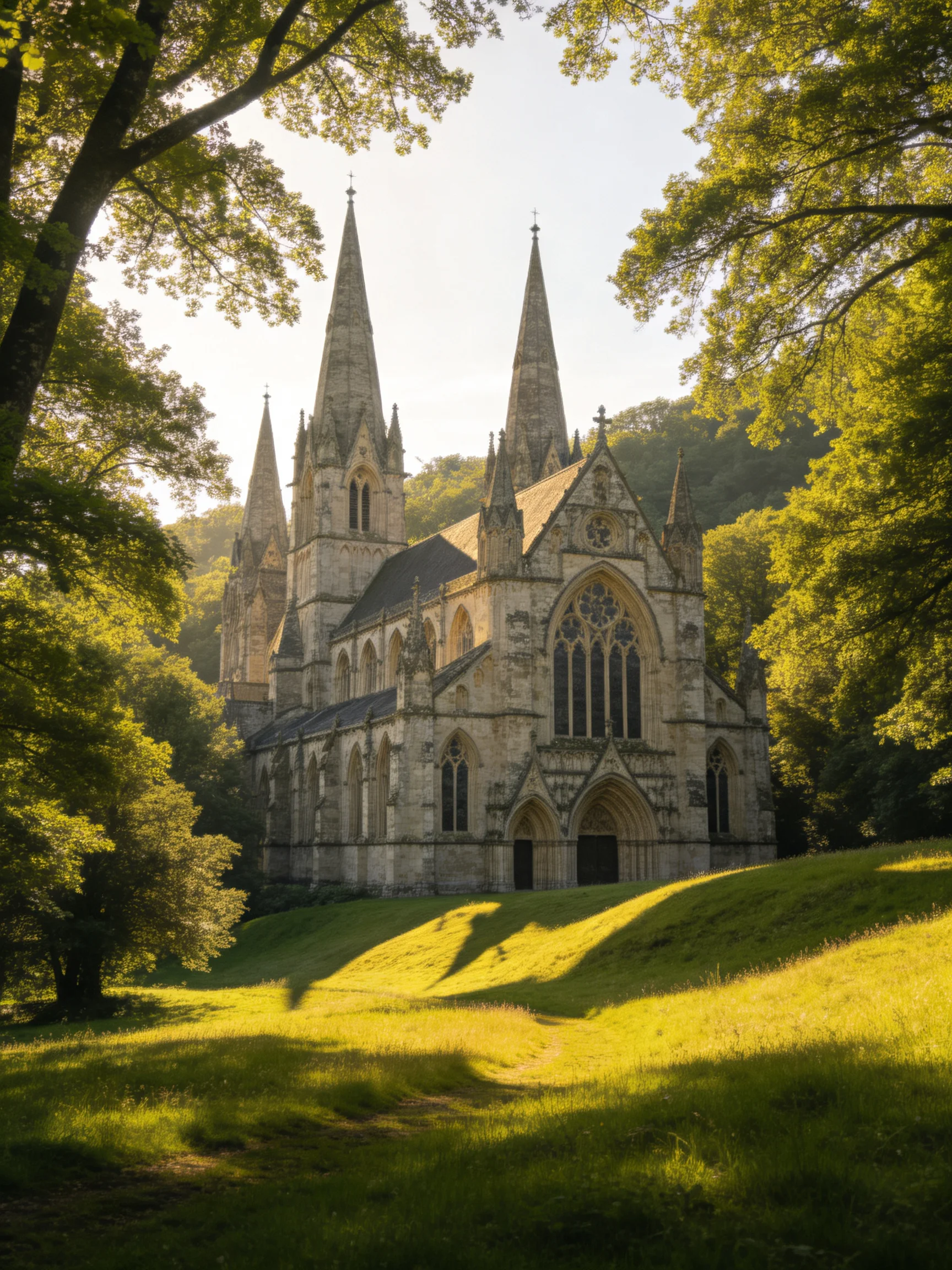 A historic stone cathedral with tall spires surrounded by lush green trees