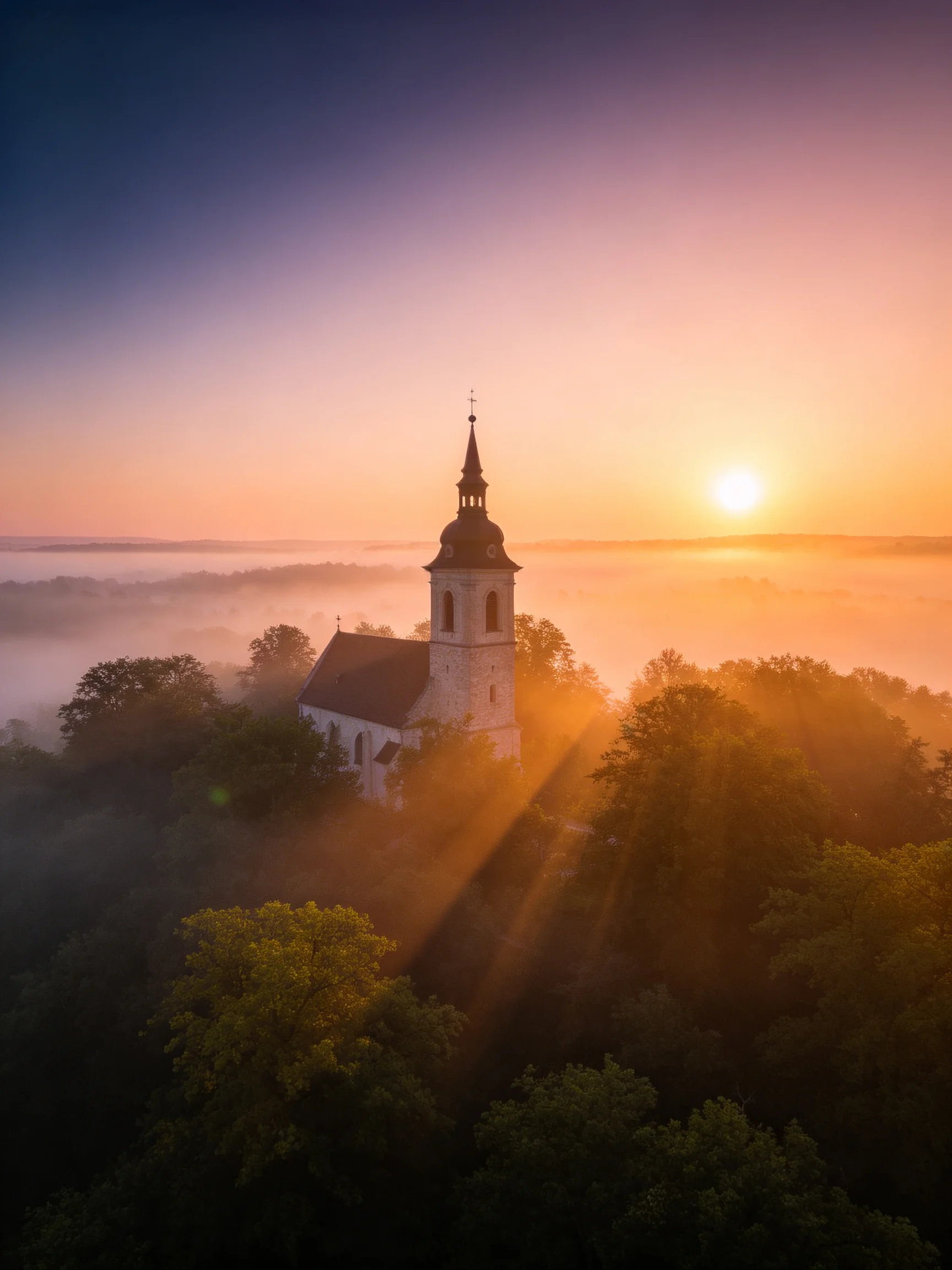 A historic stone church tower amidst morning mist and golden sunrise light