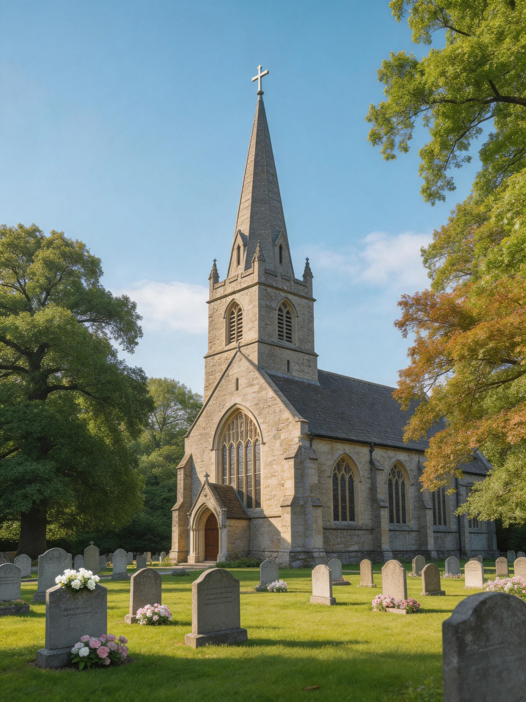 A historic stone church with tall spire near green cemetery