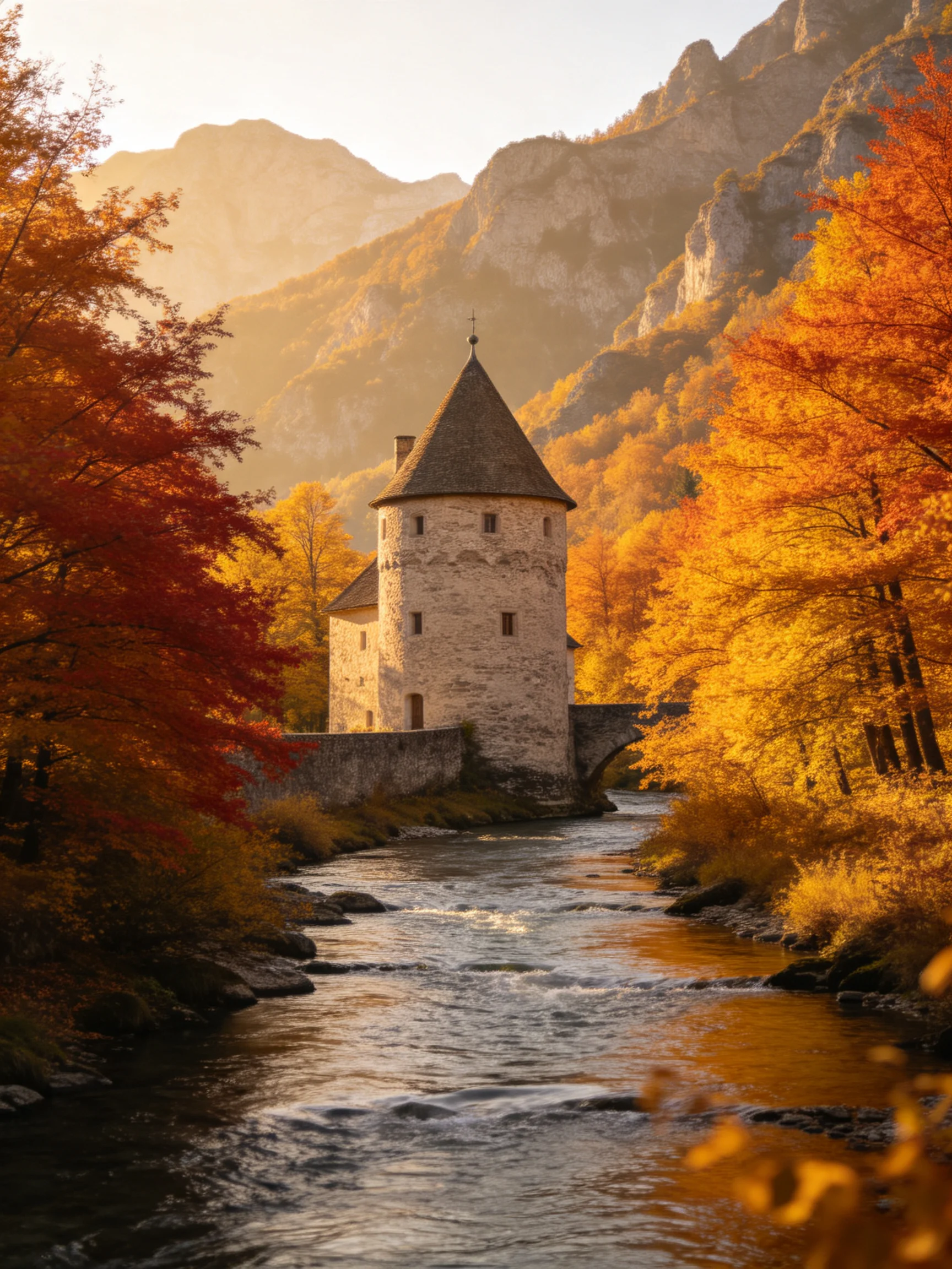 A historic stone tower beside a rushing river amid autumn foliage