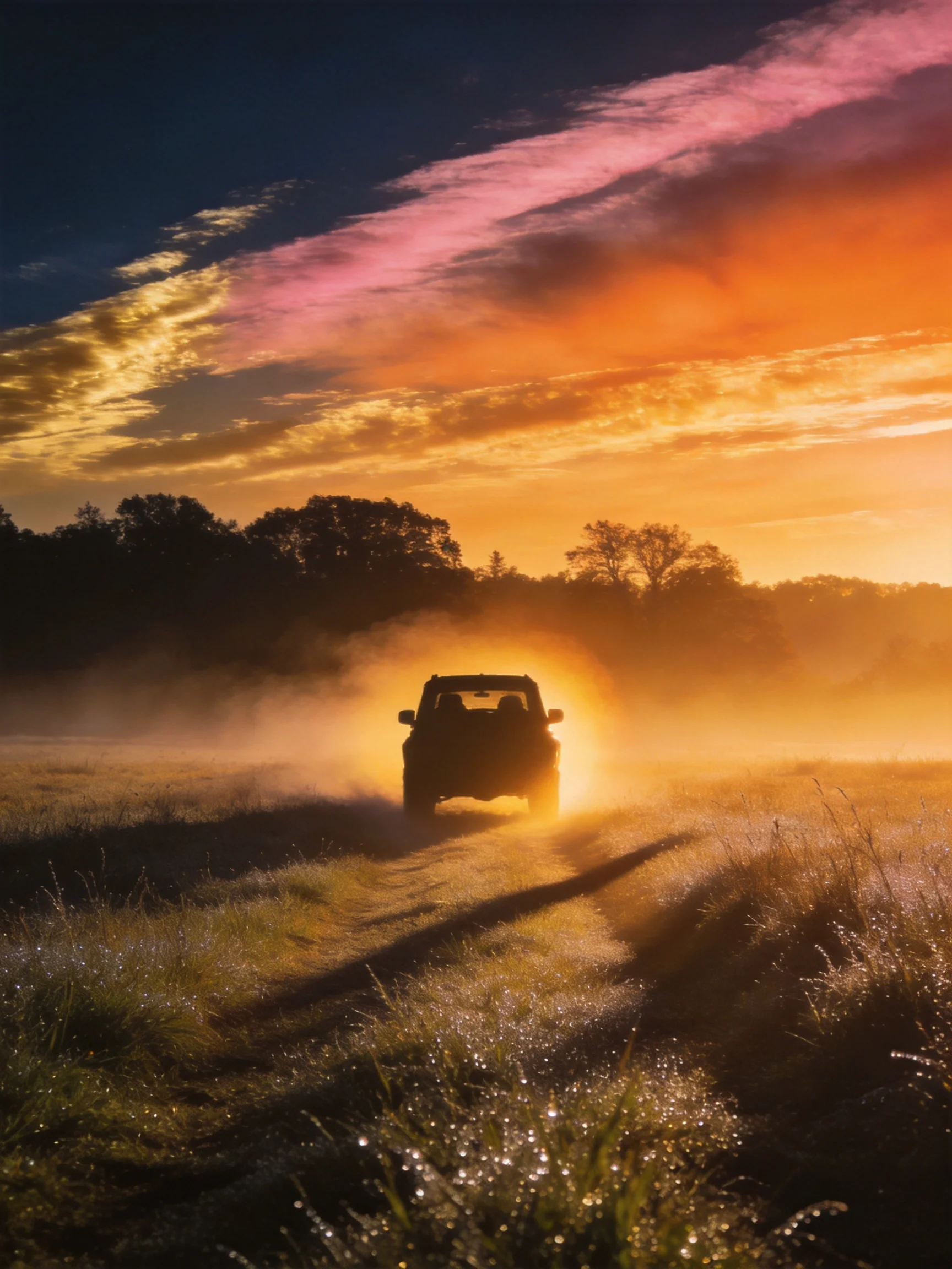 A jeep driving through a dewy field at vibrant sunrise
