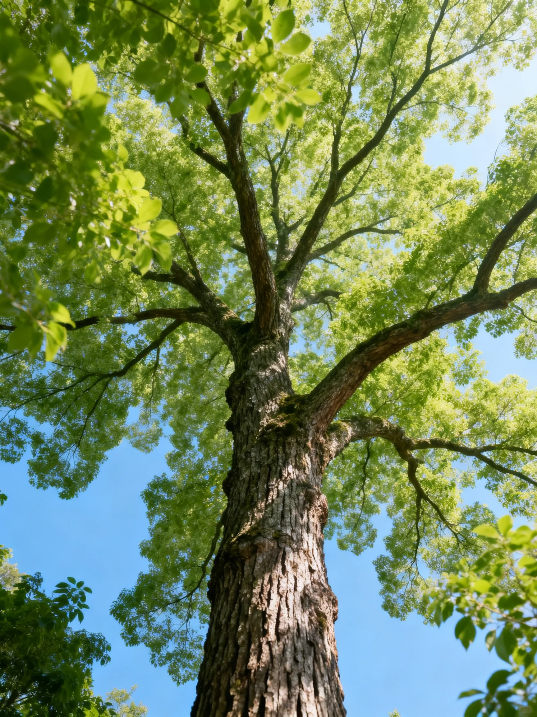 A large ancient tree with thick trunk and vibrant green foliage under clear blue sky