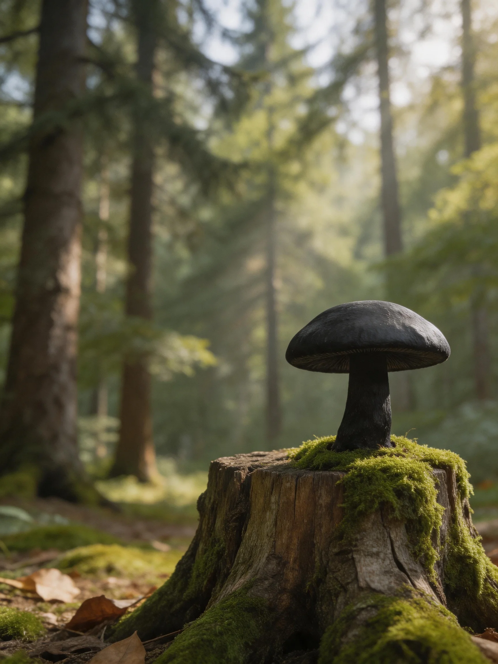 A large black mushroom atop a moss-covered tree stump in a sunlit forest