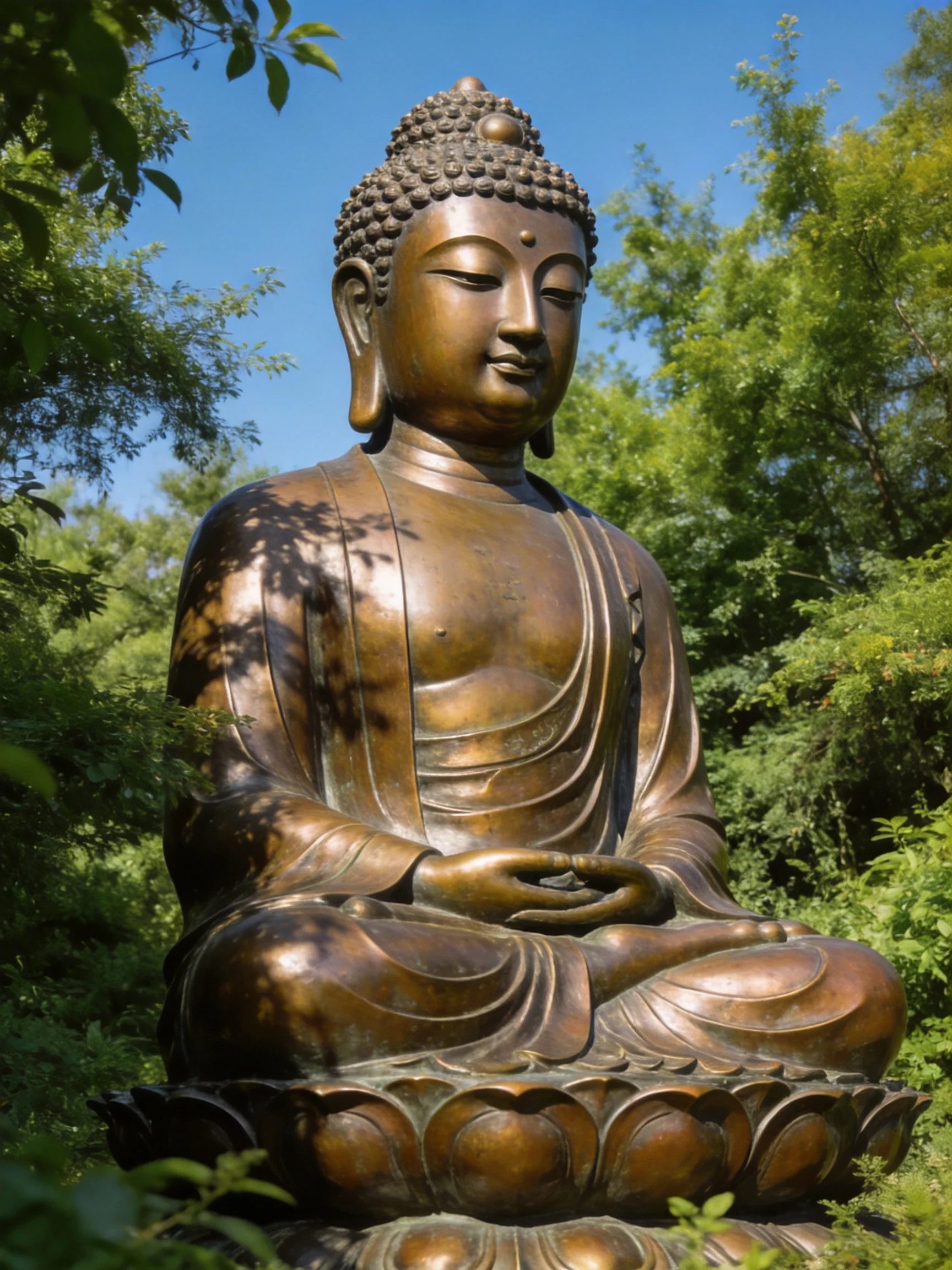A large bronze Buddha statue seated cross - legged amidst lush greenery