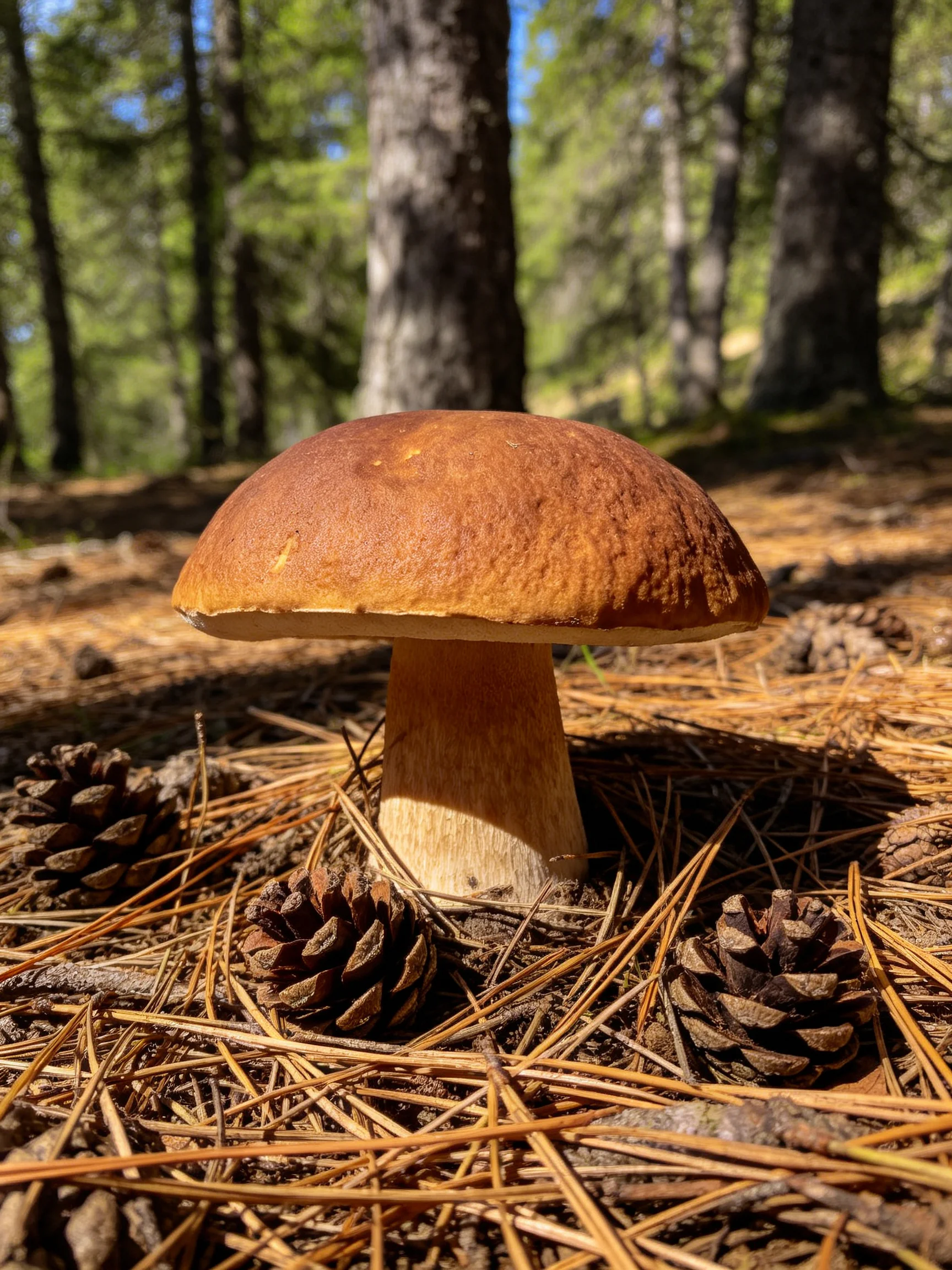 A large brown-capped bolete mushroom amid pine needles and cones in a sun-dappled forest