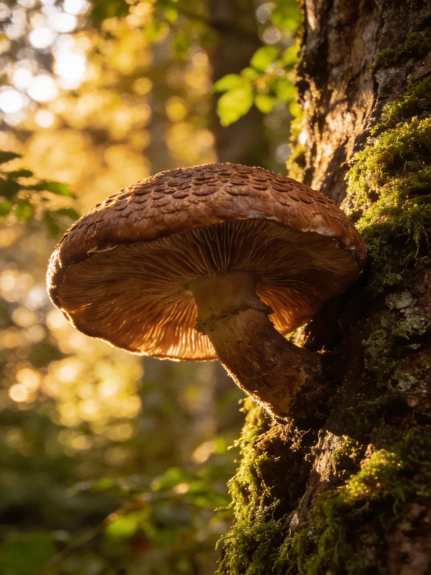 A large brown mushroom grows from a moss-laden tree trunk in golden forest light