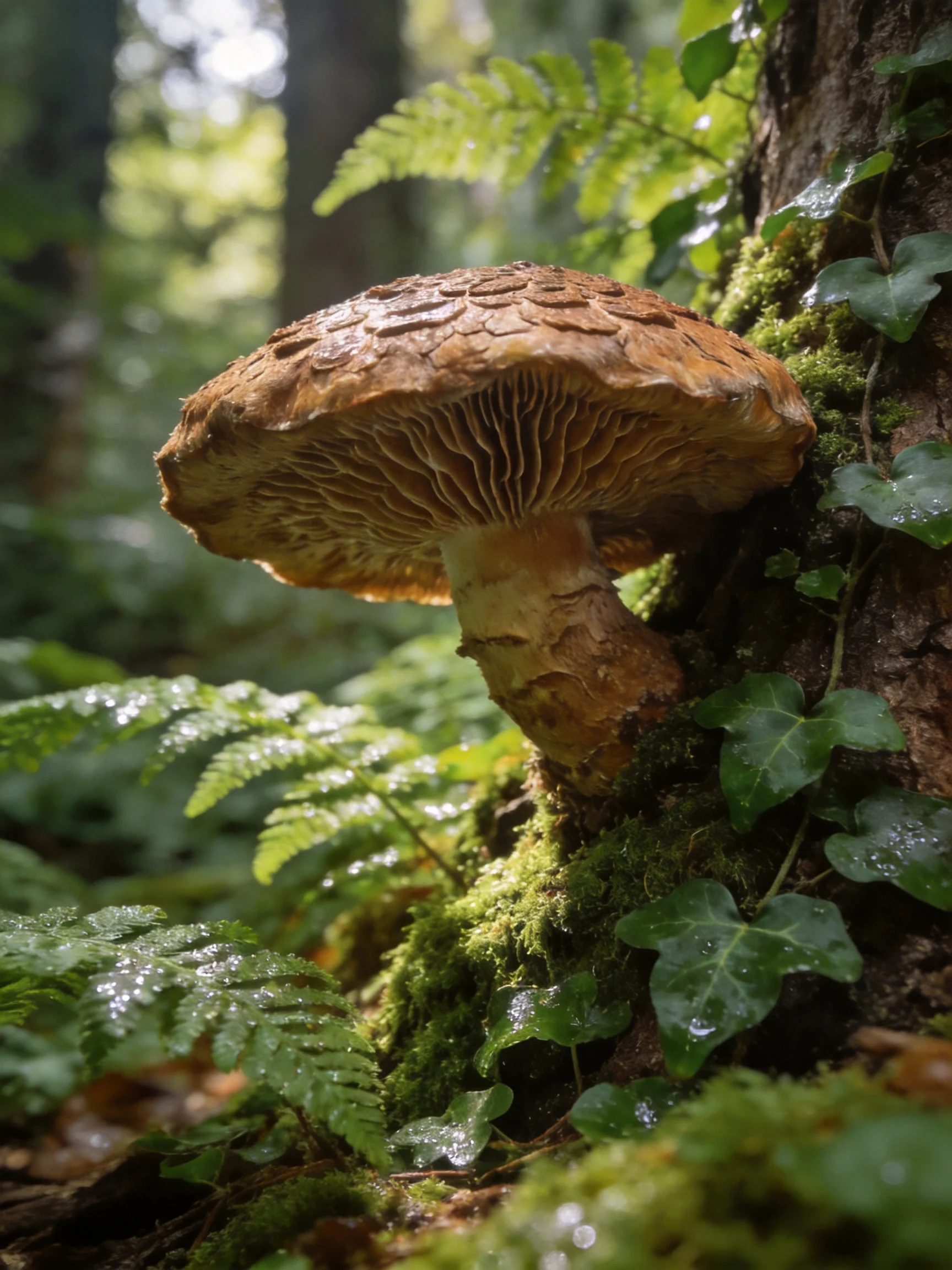 A large brown mushroom near a mossy tree trunk with ferns