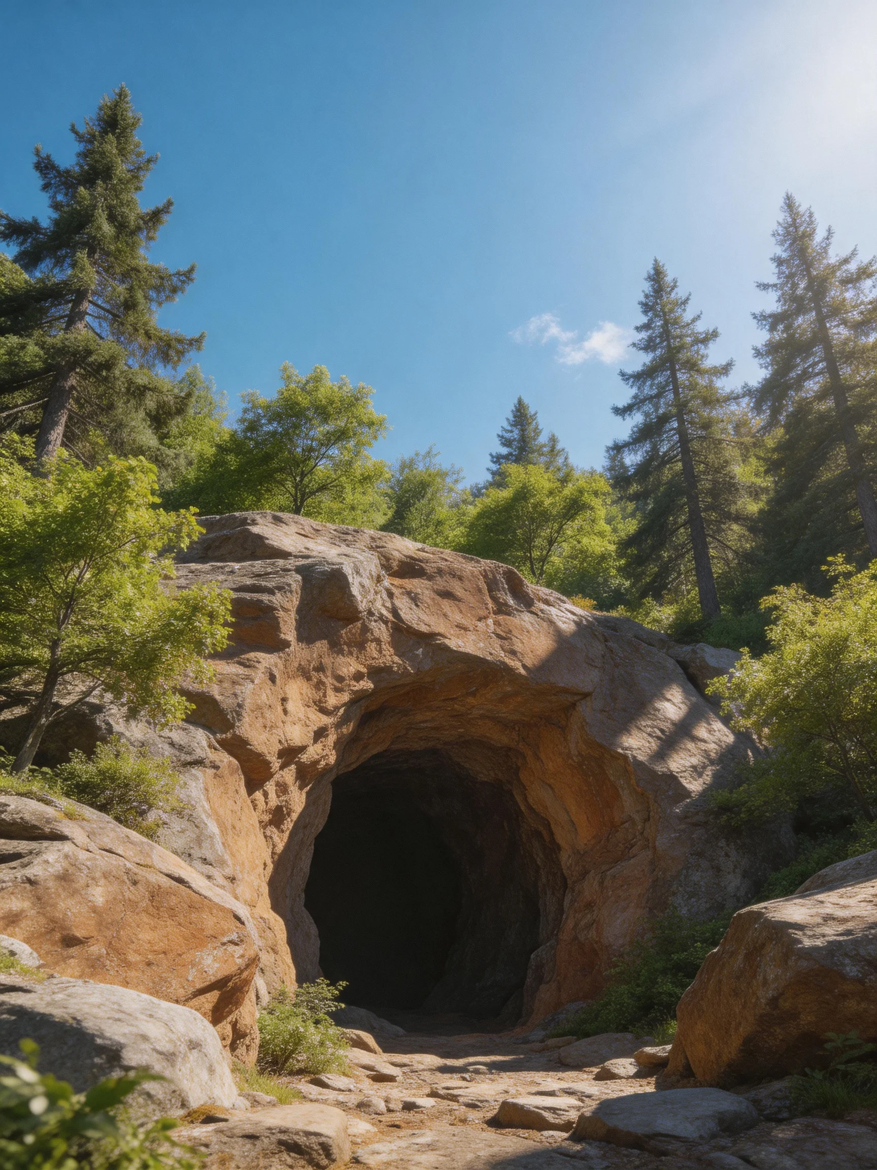 A large brown rock cave nestled among green trees under blue sky