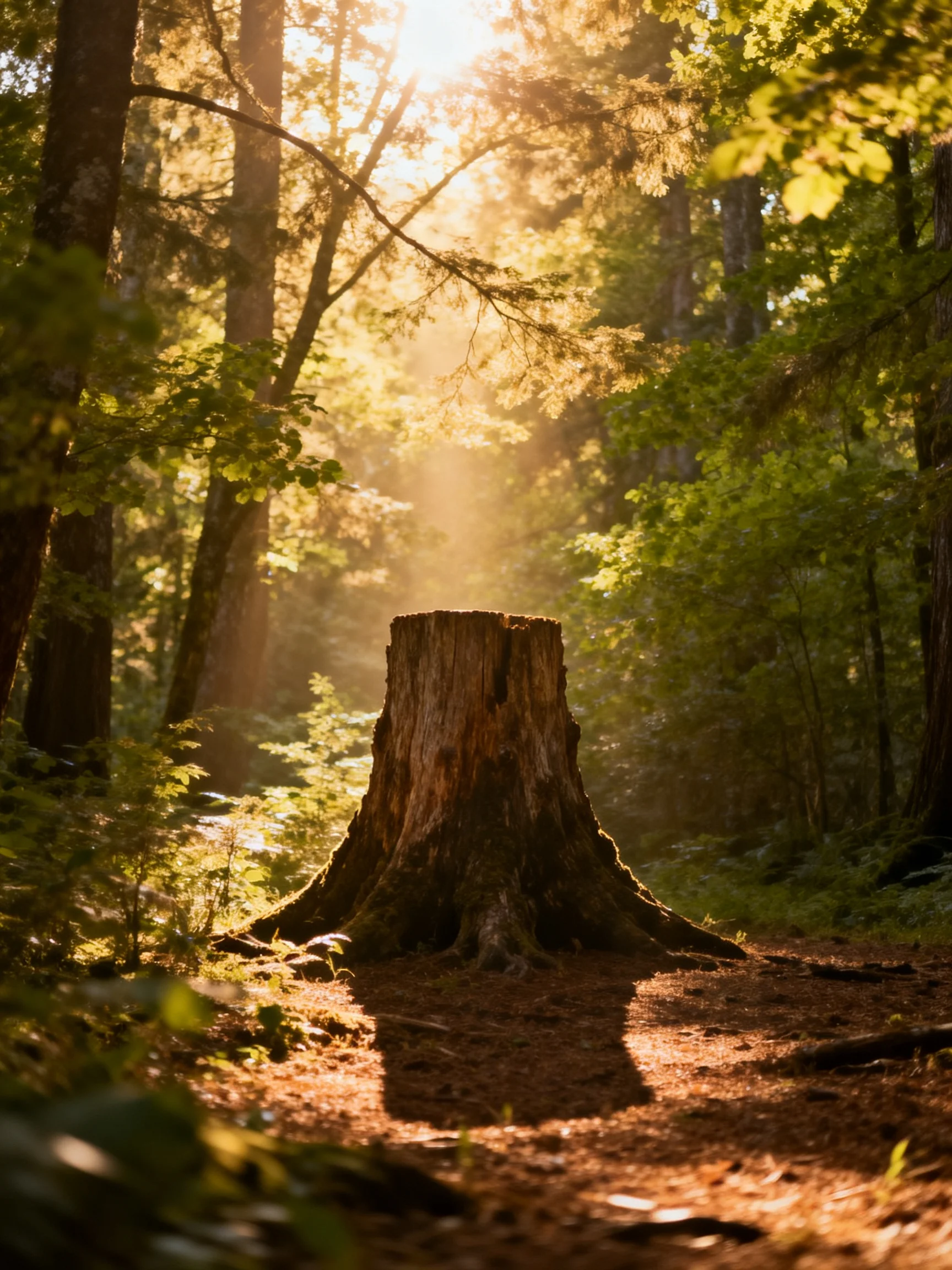 A large brown tree stump centered in a sunlit green forest