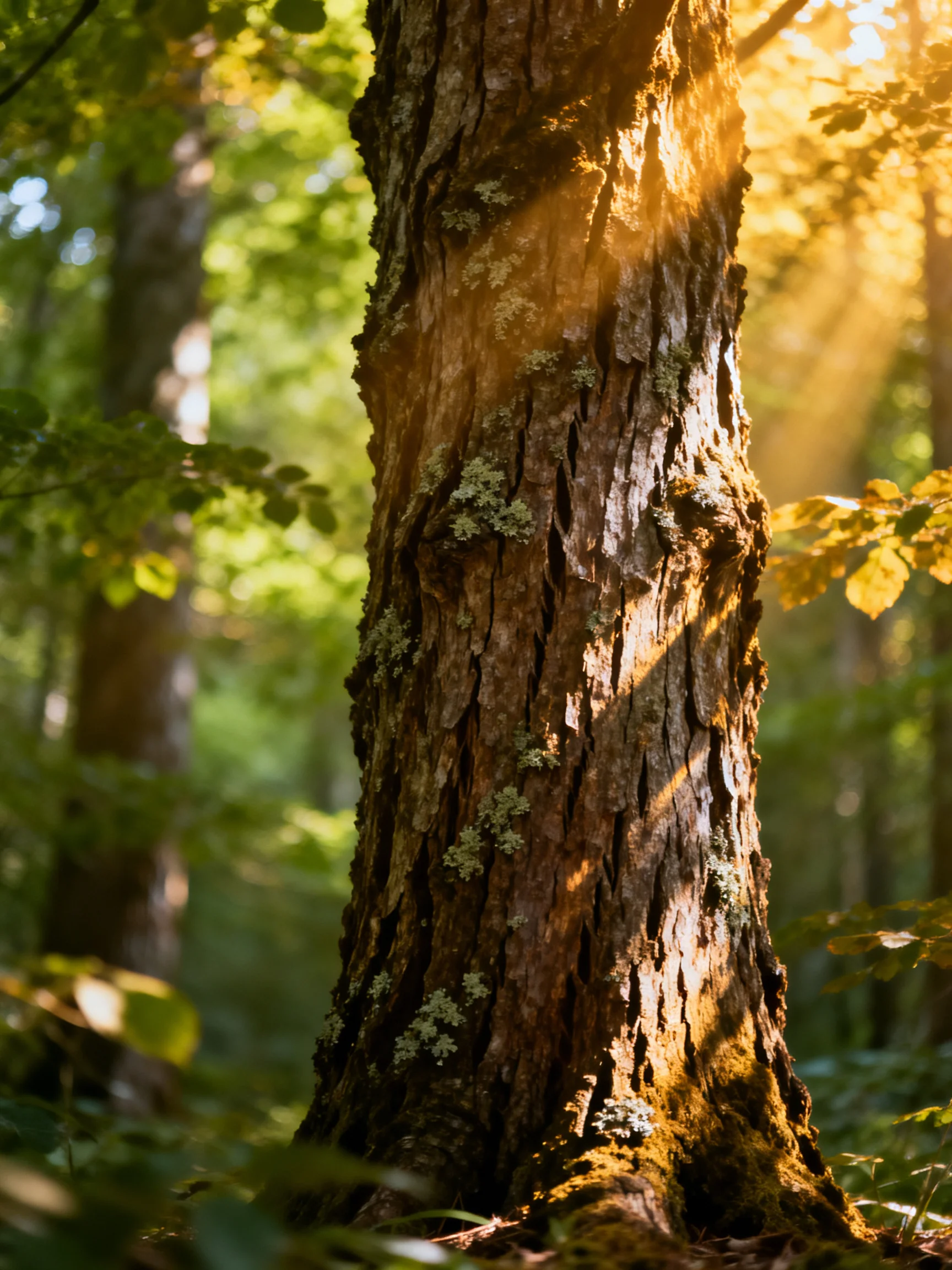 A large brown tree trunk in a sunlit forest with green foliage