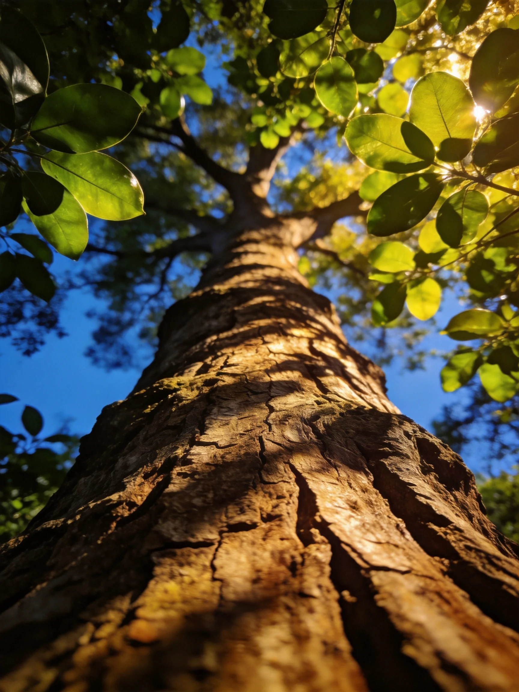 A large brown tree trunk surrounded by green leaves under blue sky