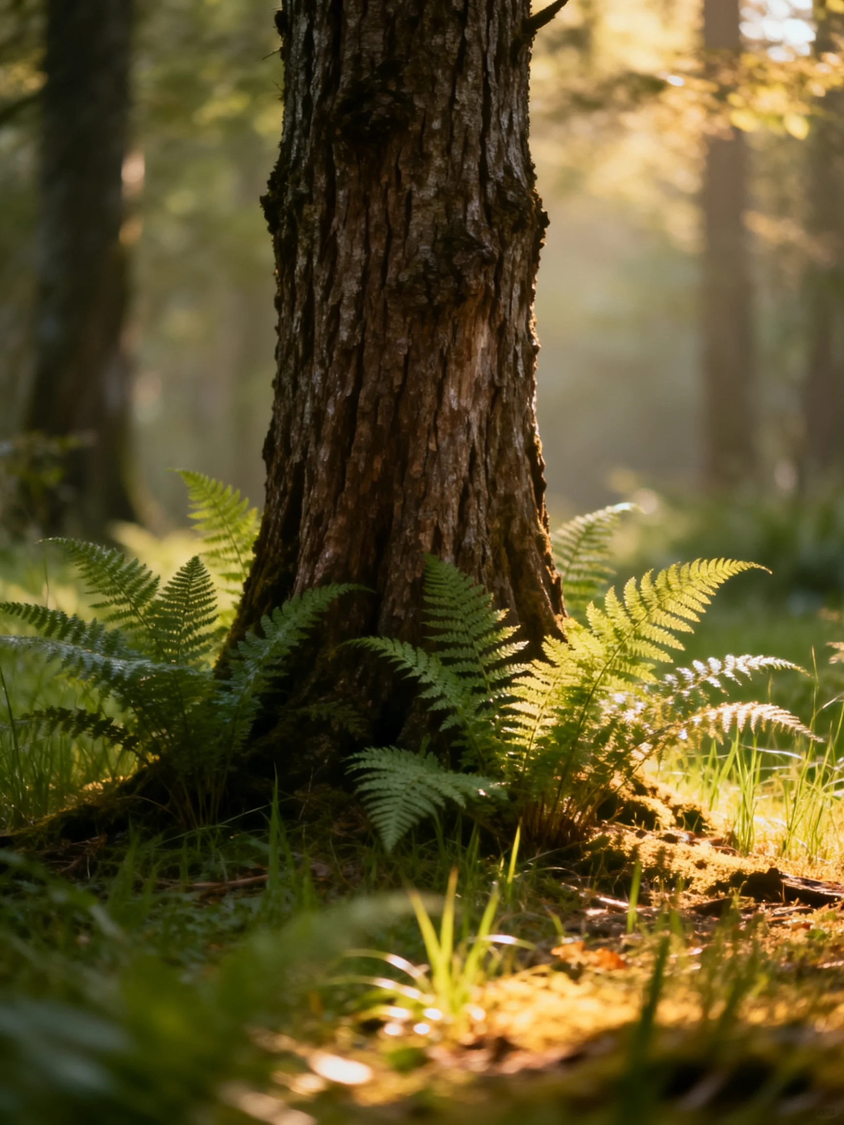 A large brown tree trunk surrounded by lush green ferns in a sunlit forest