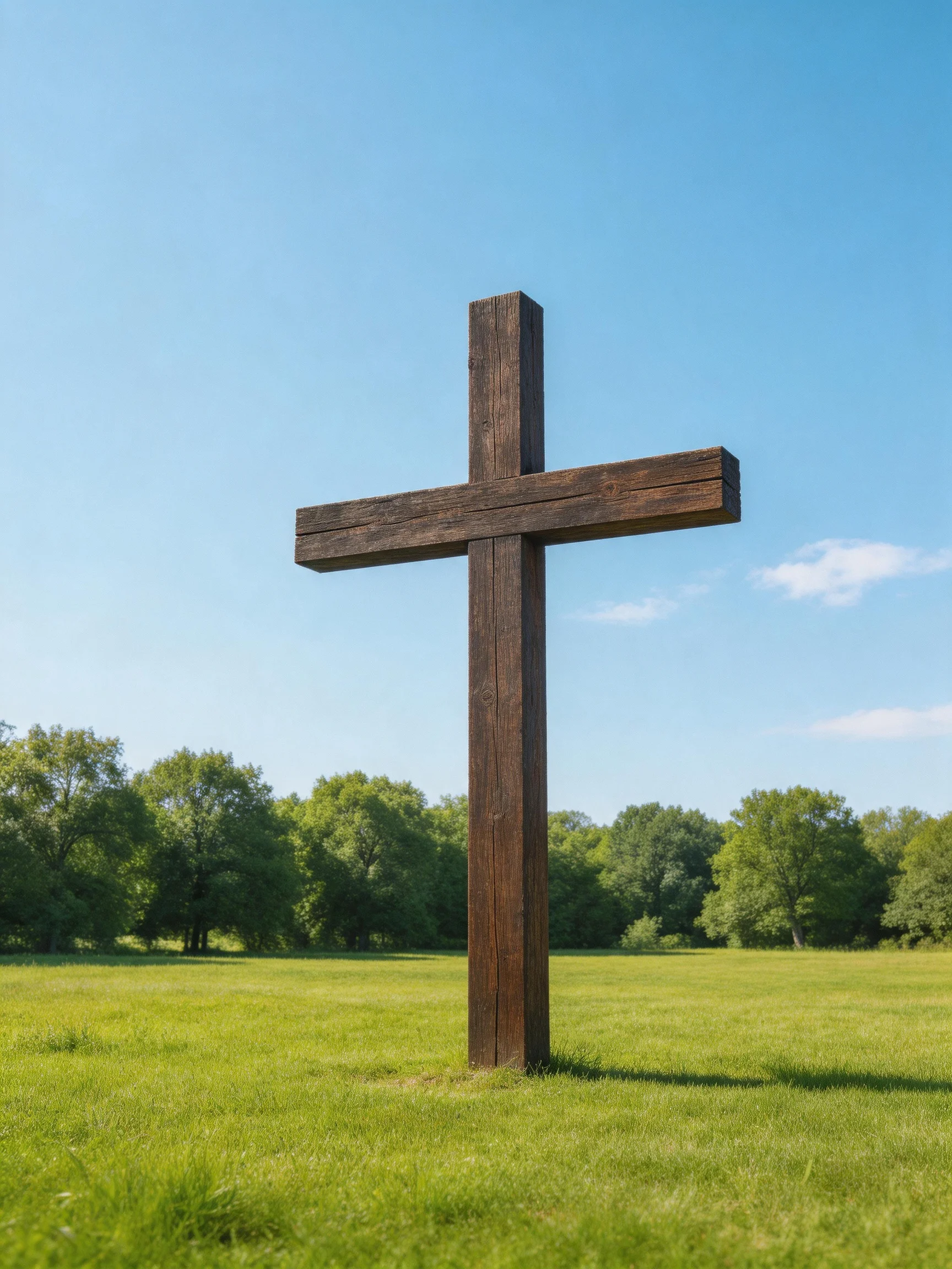A large brown wooden cross stands in a lush green meadow
