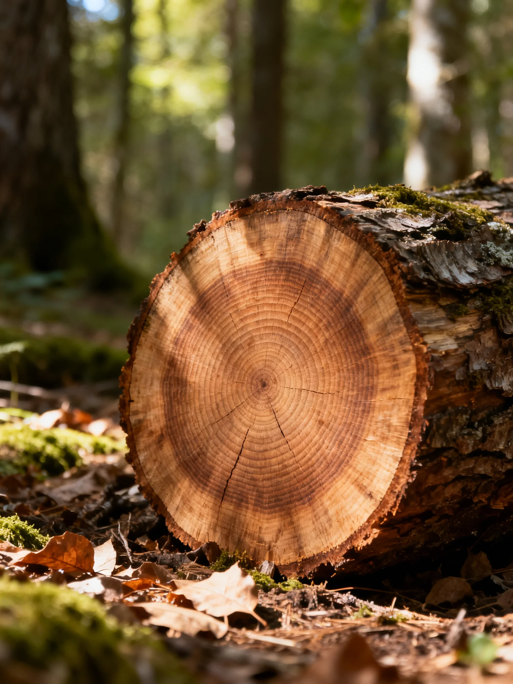 A large cut log with distinct tree rings rests in a sun-dappled forest